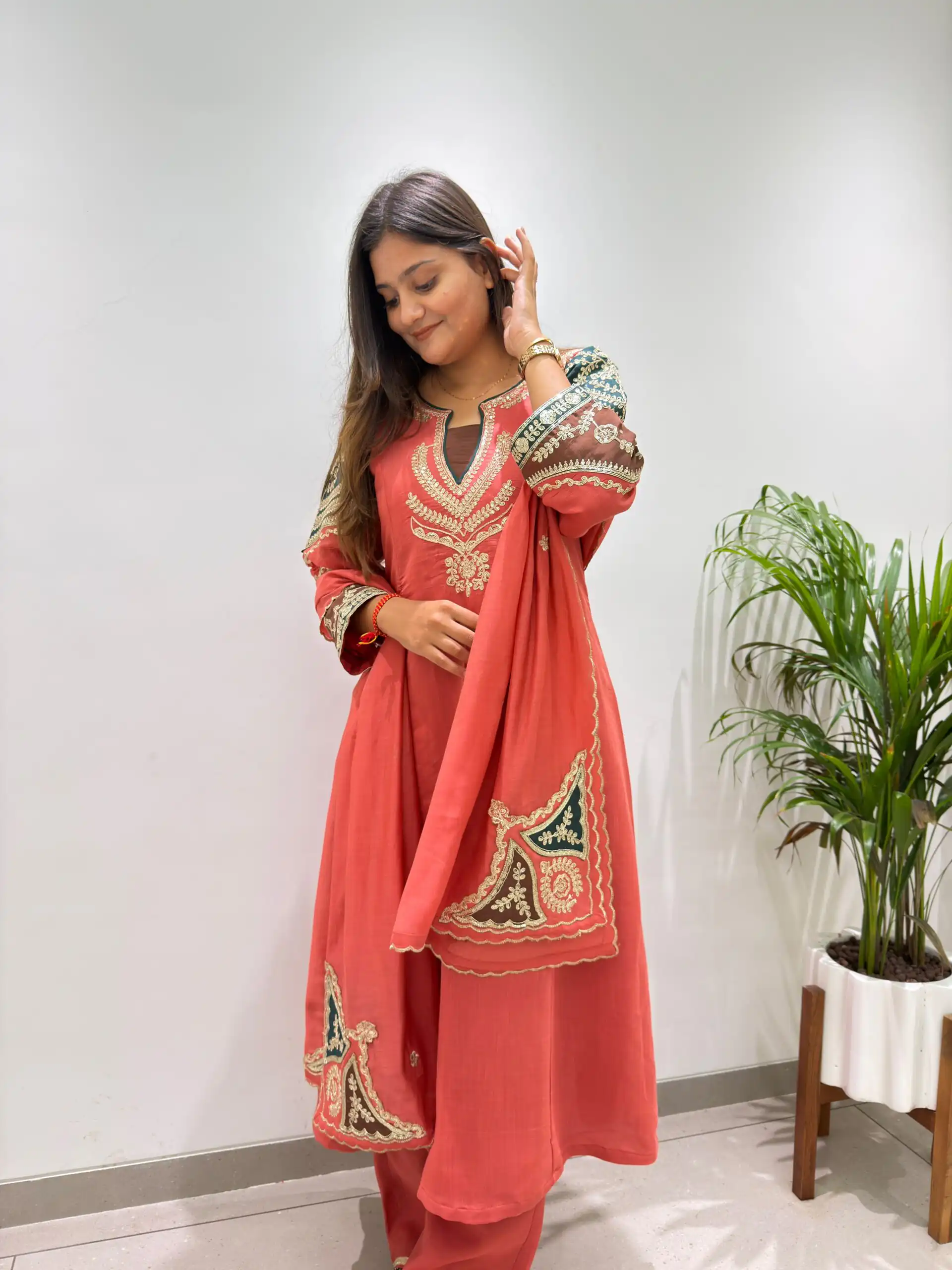 Fancy Peach Mul Chanderi Embroidery Work Salwar Suit - Image 5