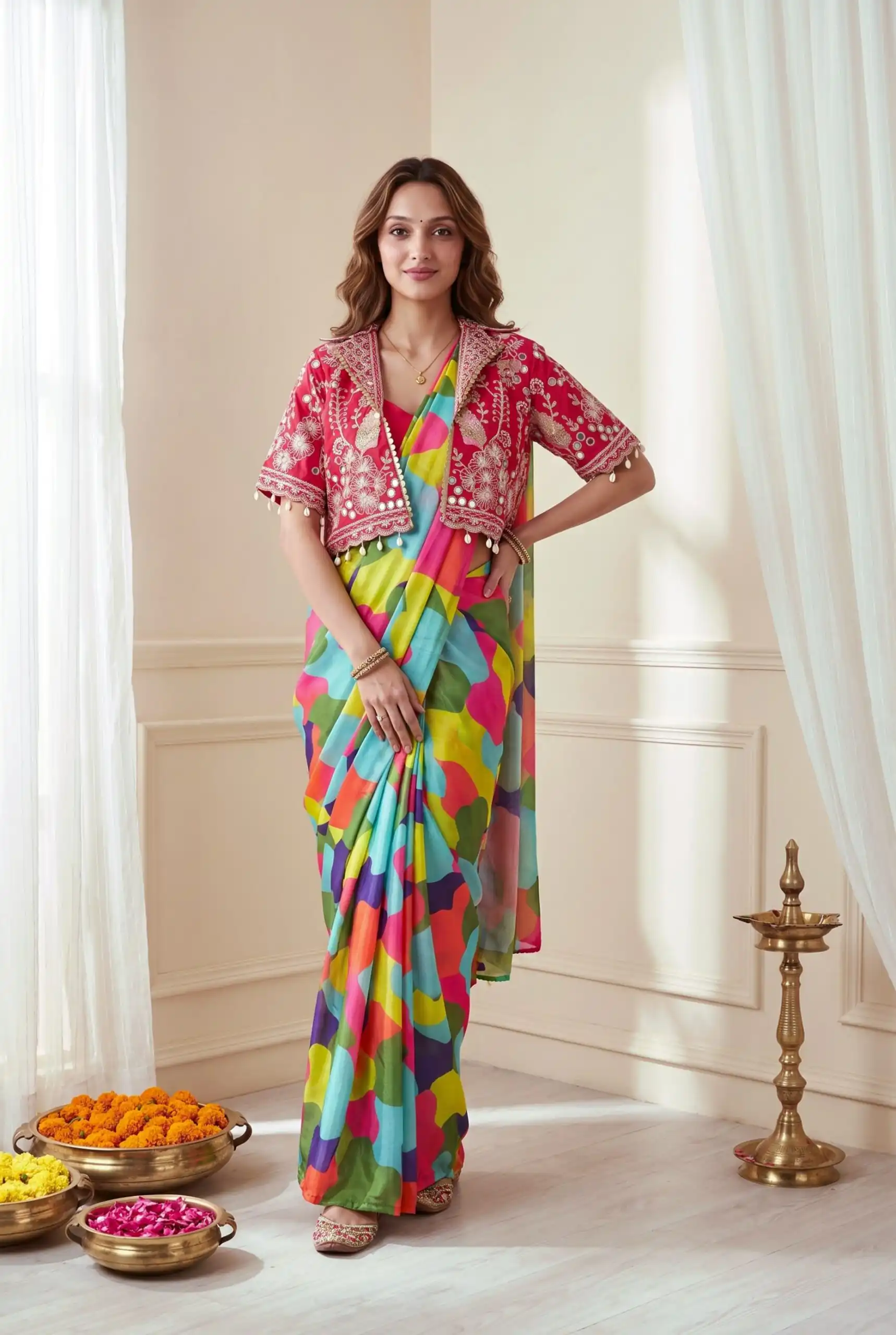 Fancy Pink Chinon Silk Mirror Embroidery Work Saree