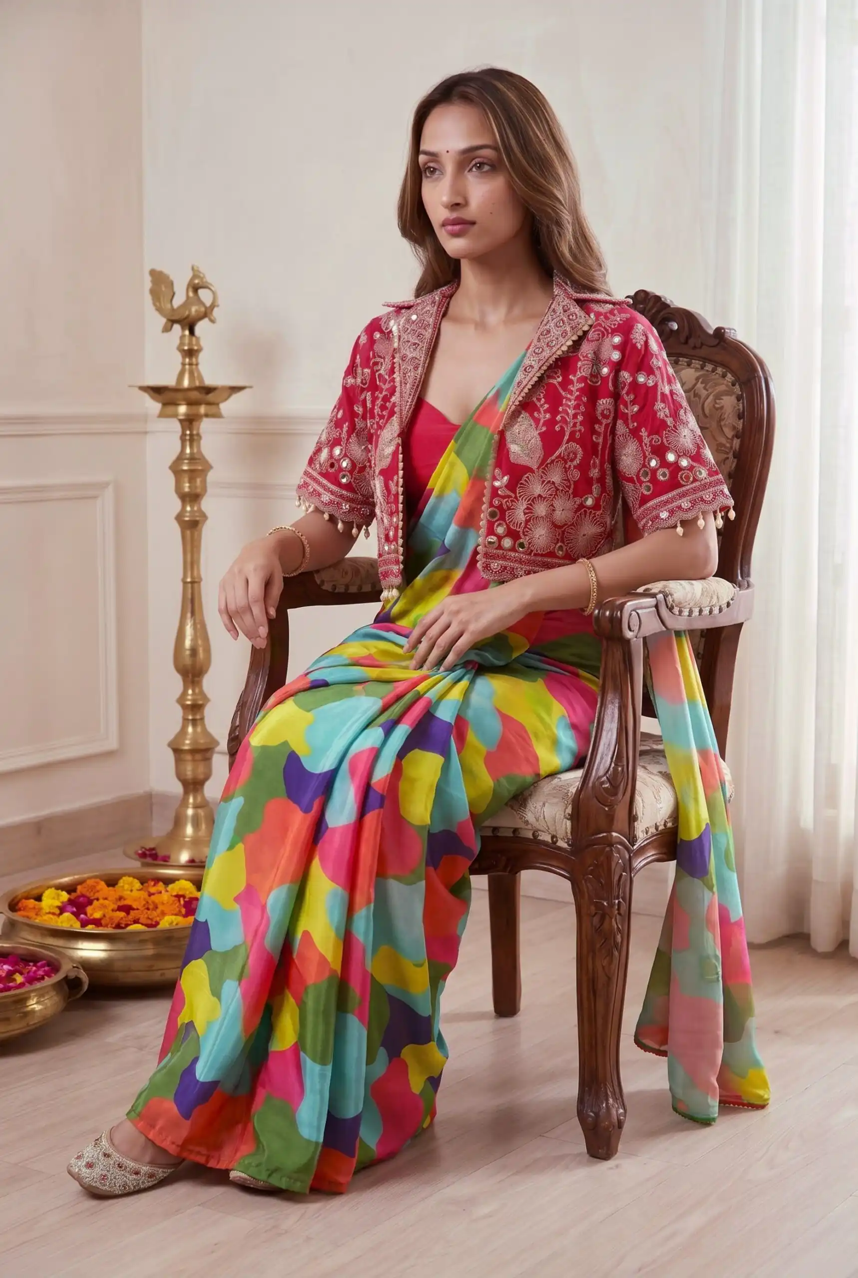 Fancy Pink Chinon Silk Mirror Embroidery Work Saree - Image 3