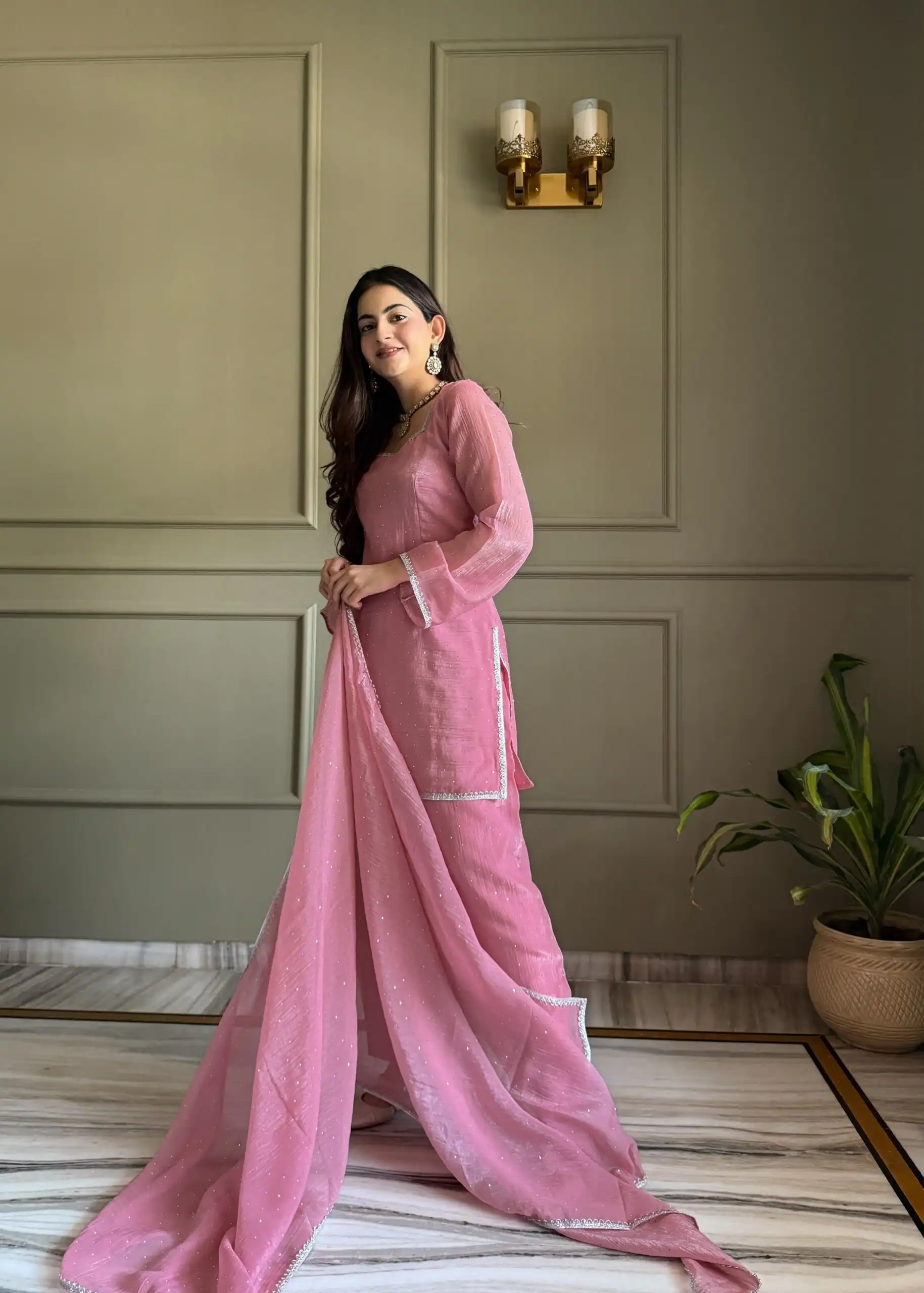 Fancy Pink Crunchy Silk Siroski Work Salwar Suit - Image 5