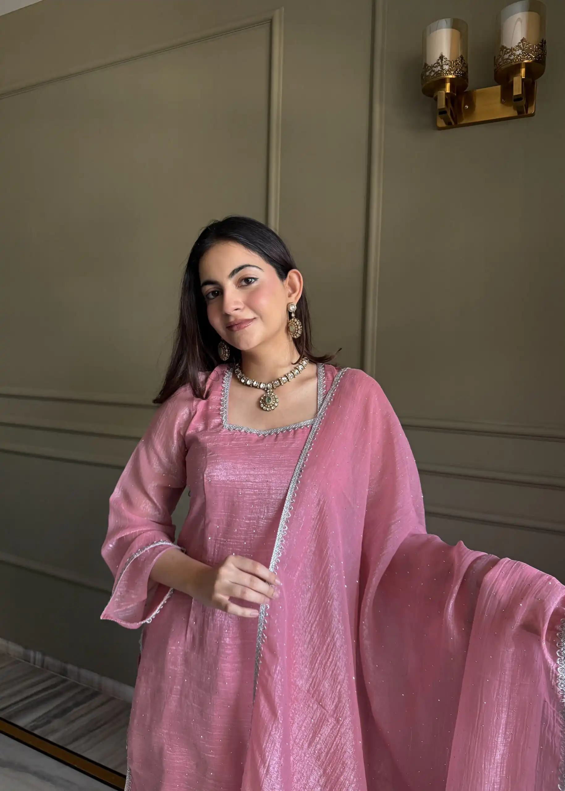 Fancy Pink Crunchy Silk Siroski Work Salwar Suit - Image 4