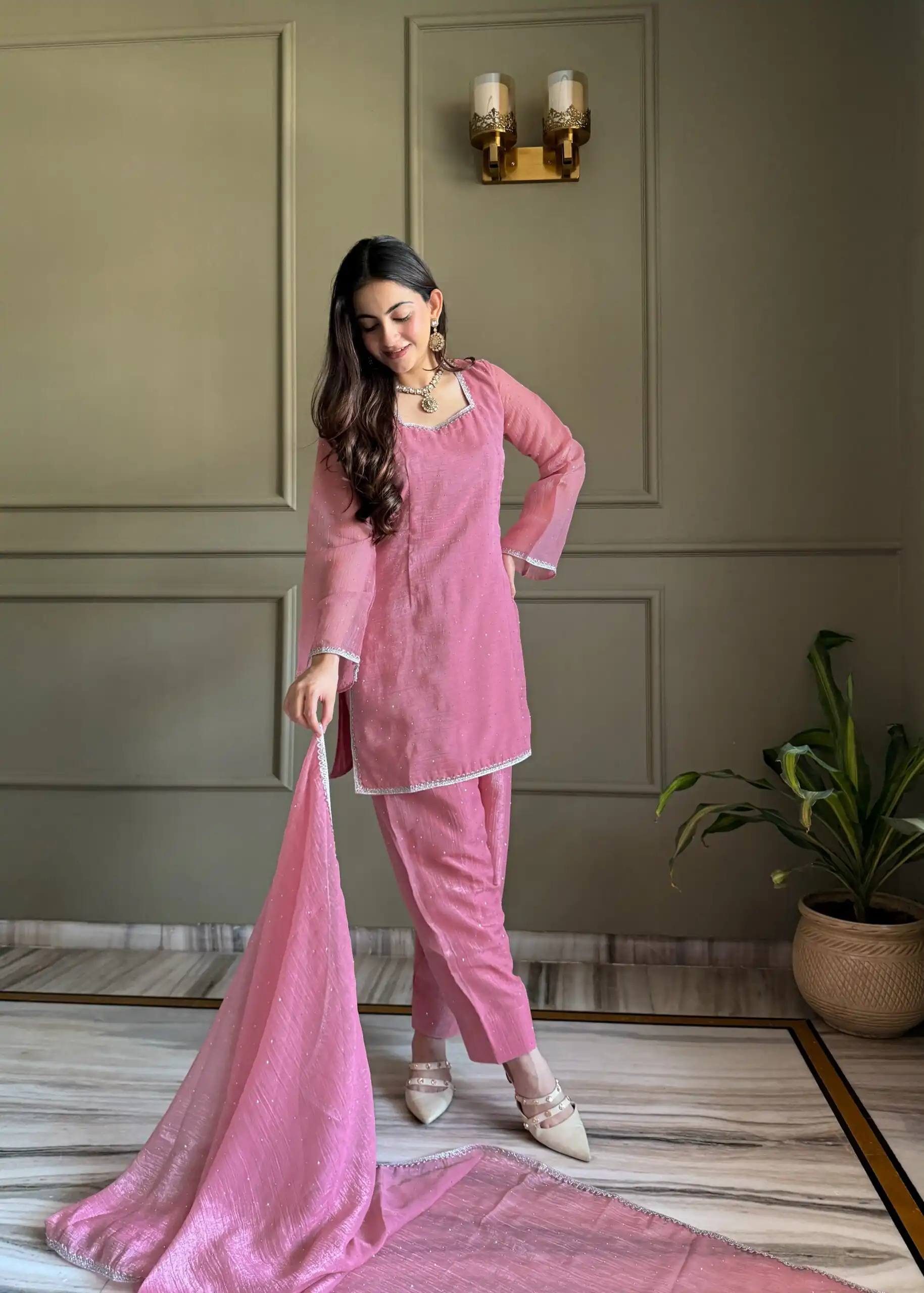 Fancy Pink Crunchy Silk Siroski Work Salwar Suit - Image 2