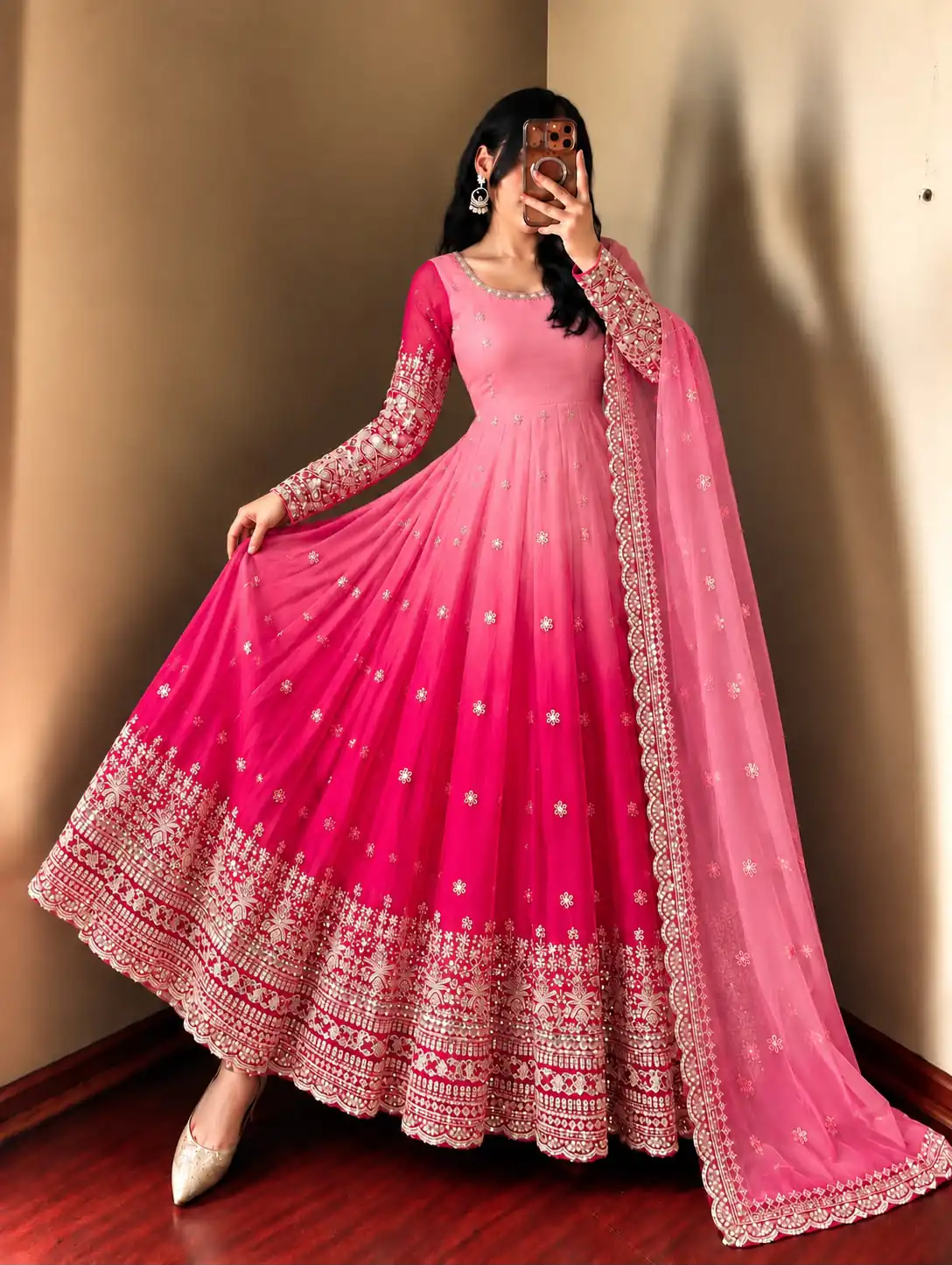 Fancy Pink Faux Georgette Embroider Work Gown - Image 10