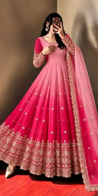 Fancy Pink Faux Georgette Embroider Work Gown