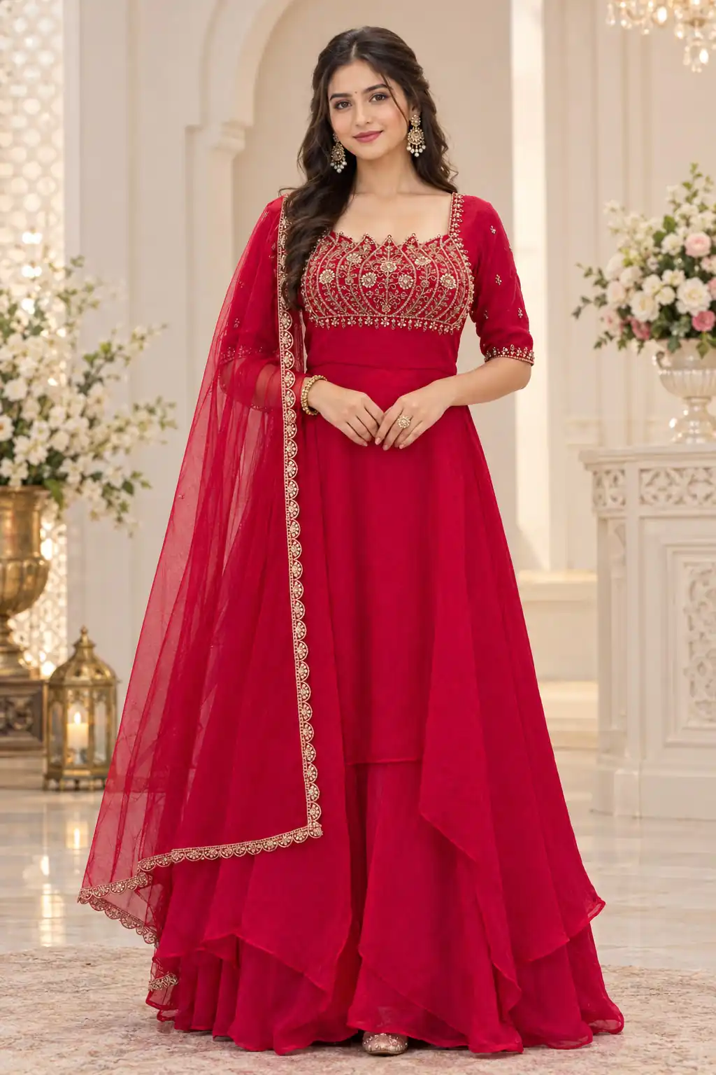 Fancy Pink Fendy Crush Beads Work Gown