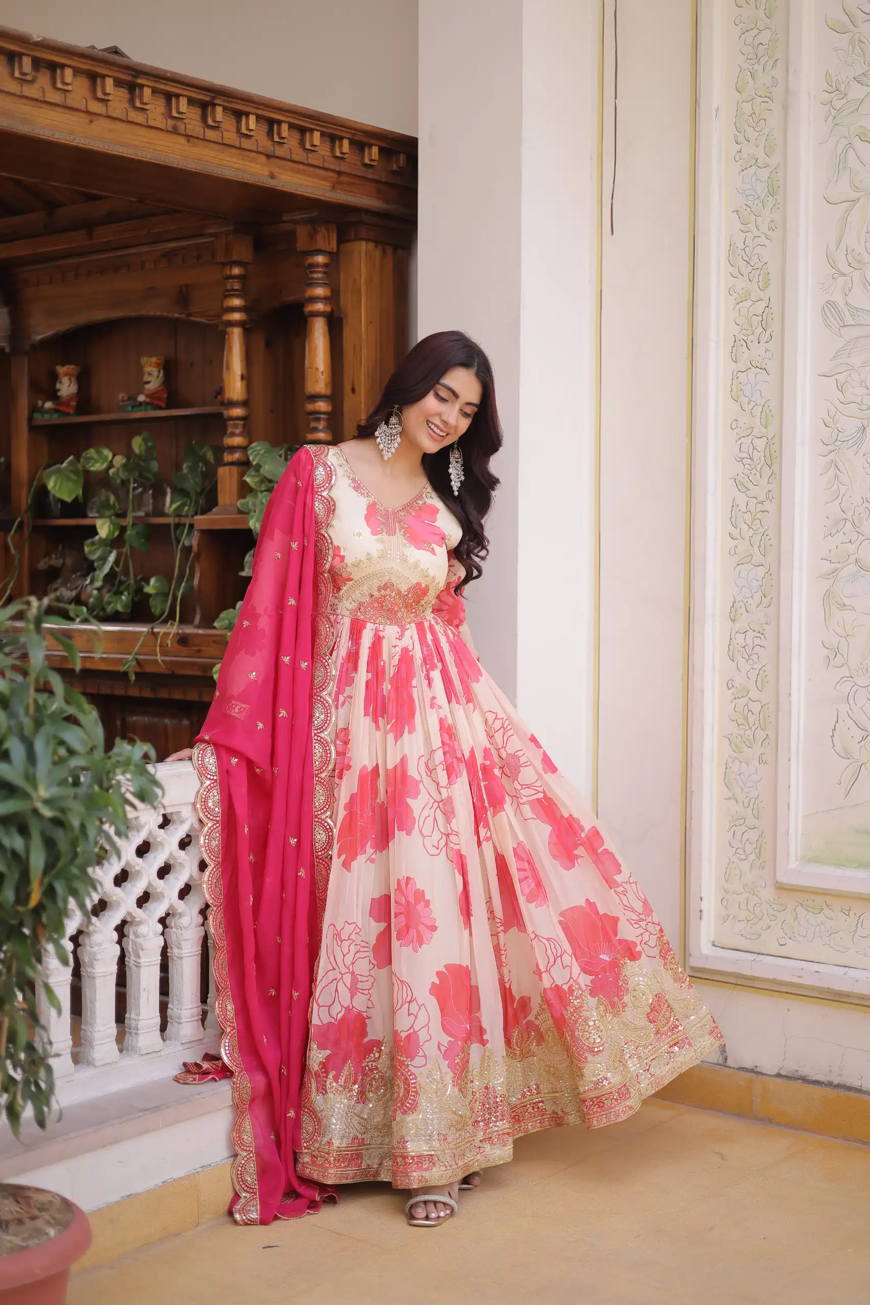 Fancy Pink Russian Silk Embroidery Zari Work Gown - Image 6
