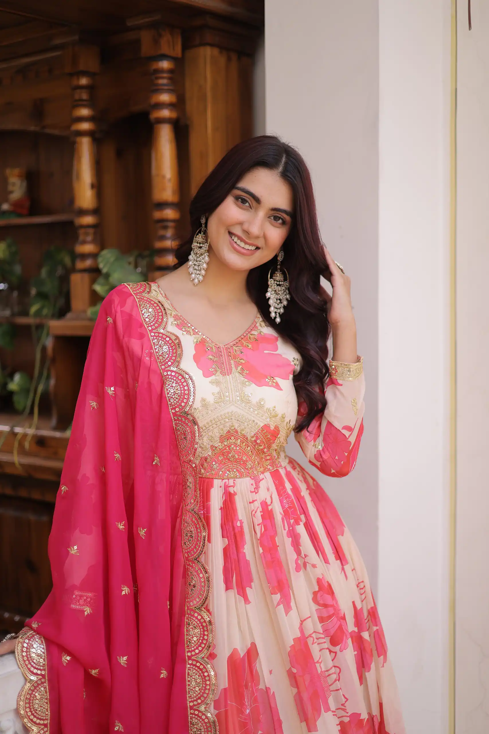 Fancy Pink Russian Silk Embroidery Zari Work Gown - Image 4
