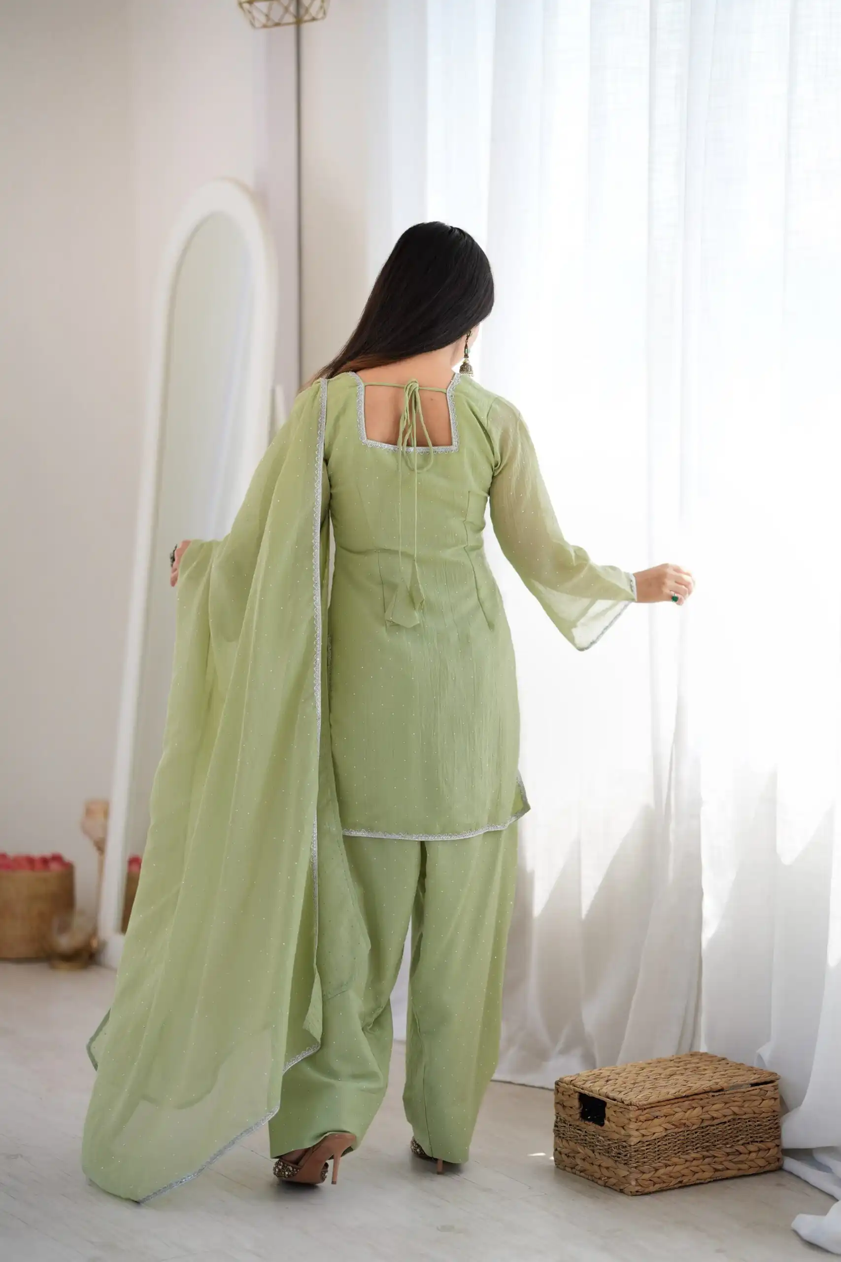 Fancy Pista Crunchy Silk Siroski Work Salwar Suit - Image 8