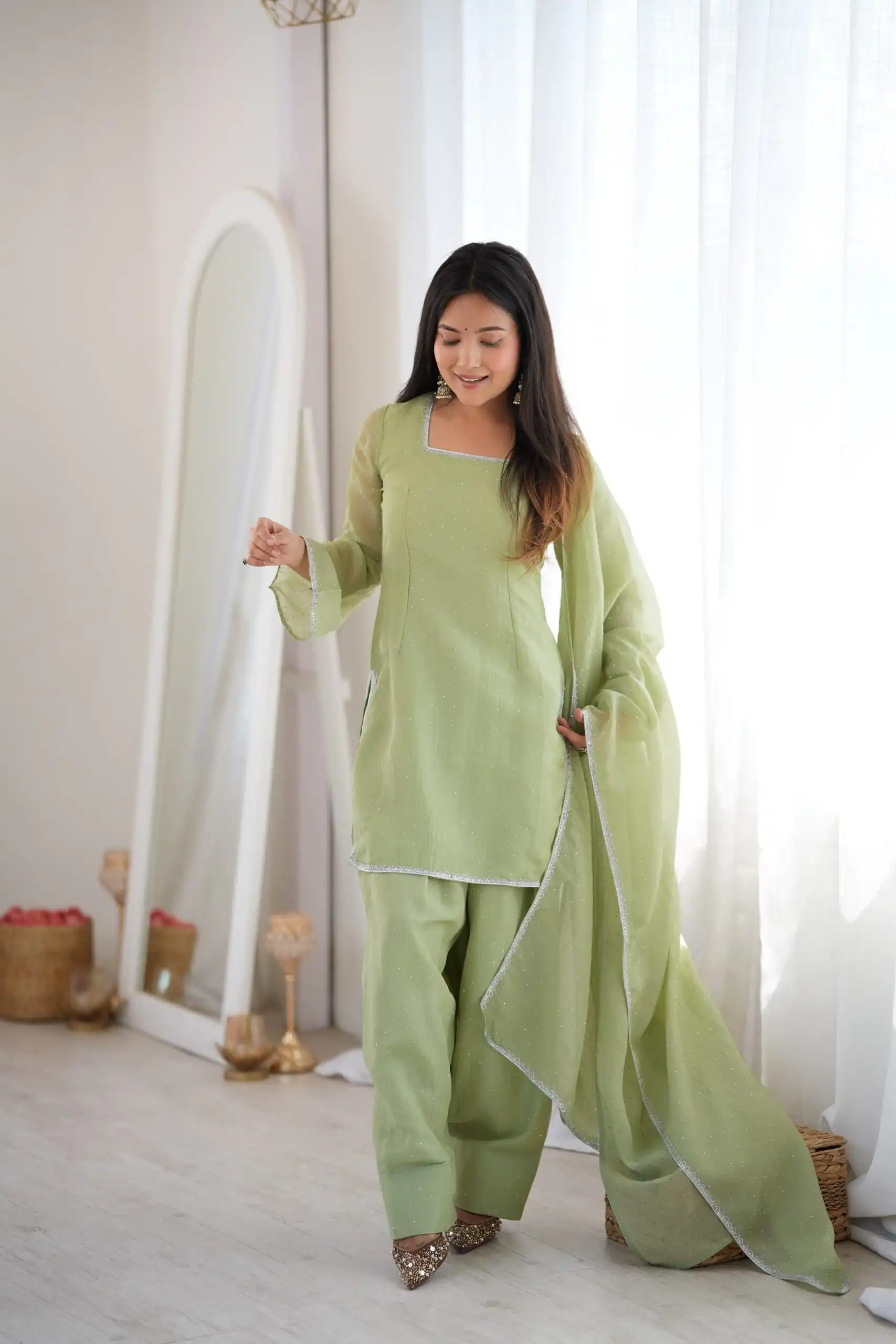 Fancy Pista Crunchy Silk Siroski Work Salwar Suit - Image 4