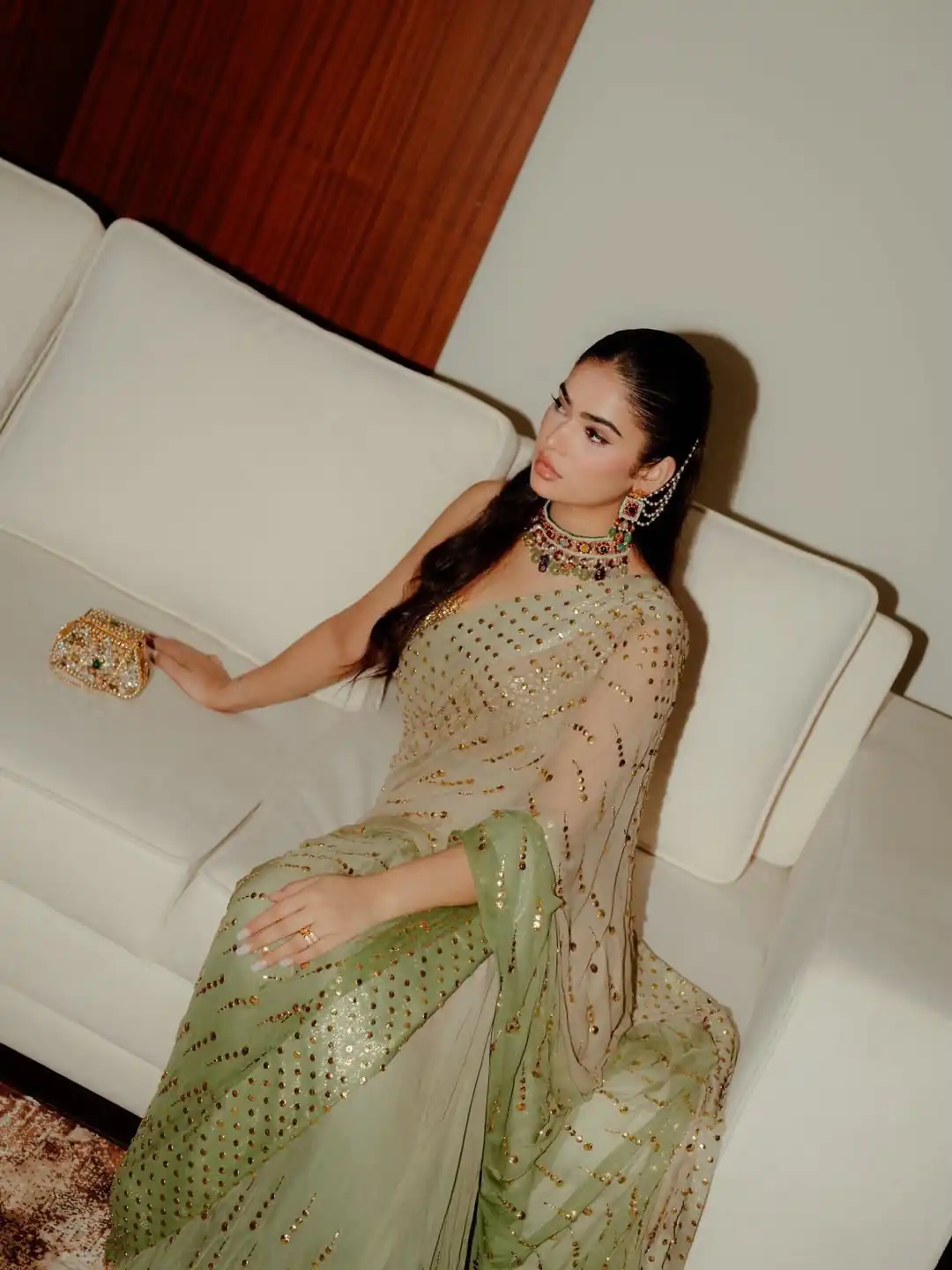 Fancy Pista Faux Georgette Intricate Foil Work Saree - Image 5