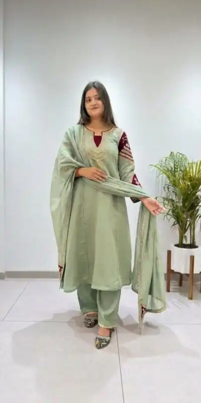 Fancy Pista Mul Chanderi Embroidery Work Salwar Suit