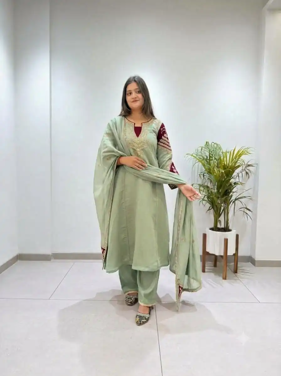 Fancy Pista Mul Chanderi Embroidery Work Salwar Suit