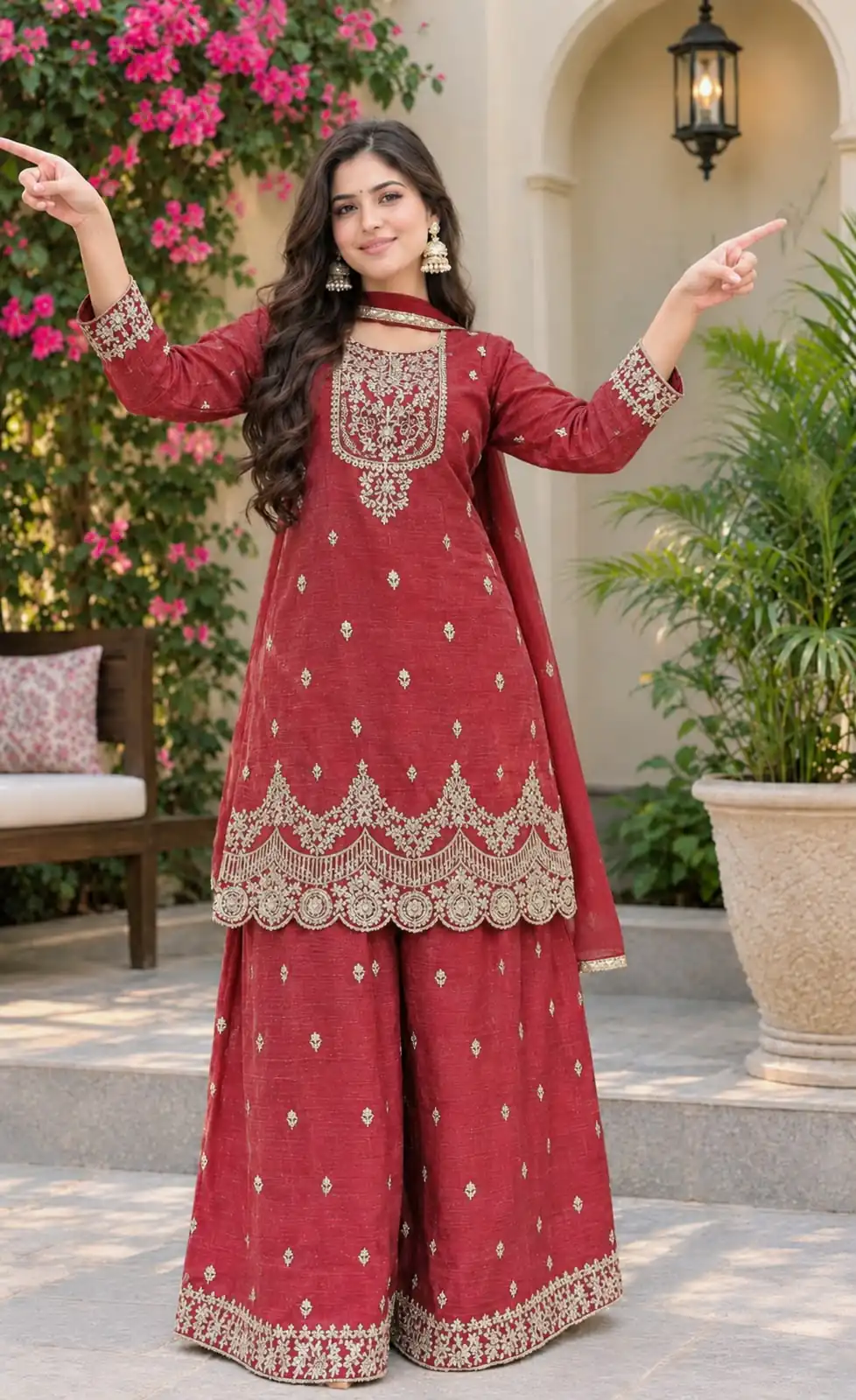 Fancy Red Crunchy Silk Embroidery Work Salwar Suit