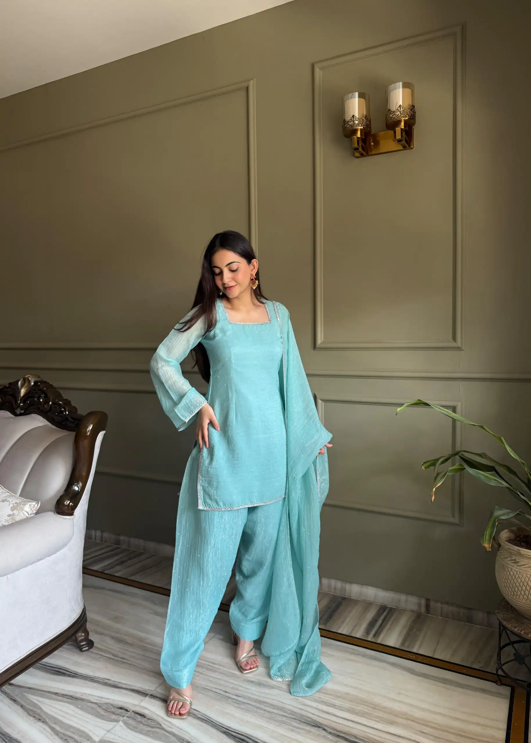 Fancy Sky Blue Crunchy Silk Siroski Work Salwar Suit - Image 5
