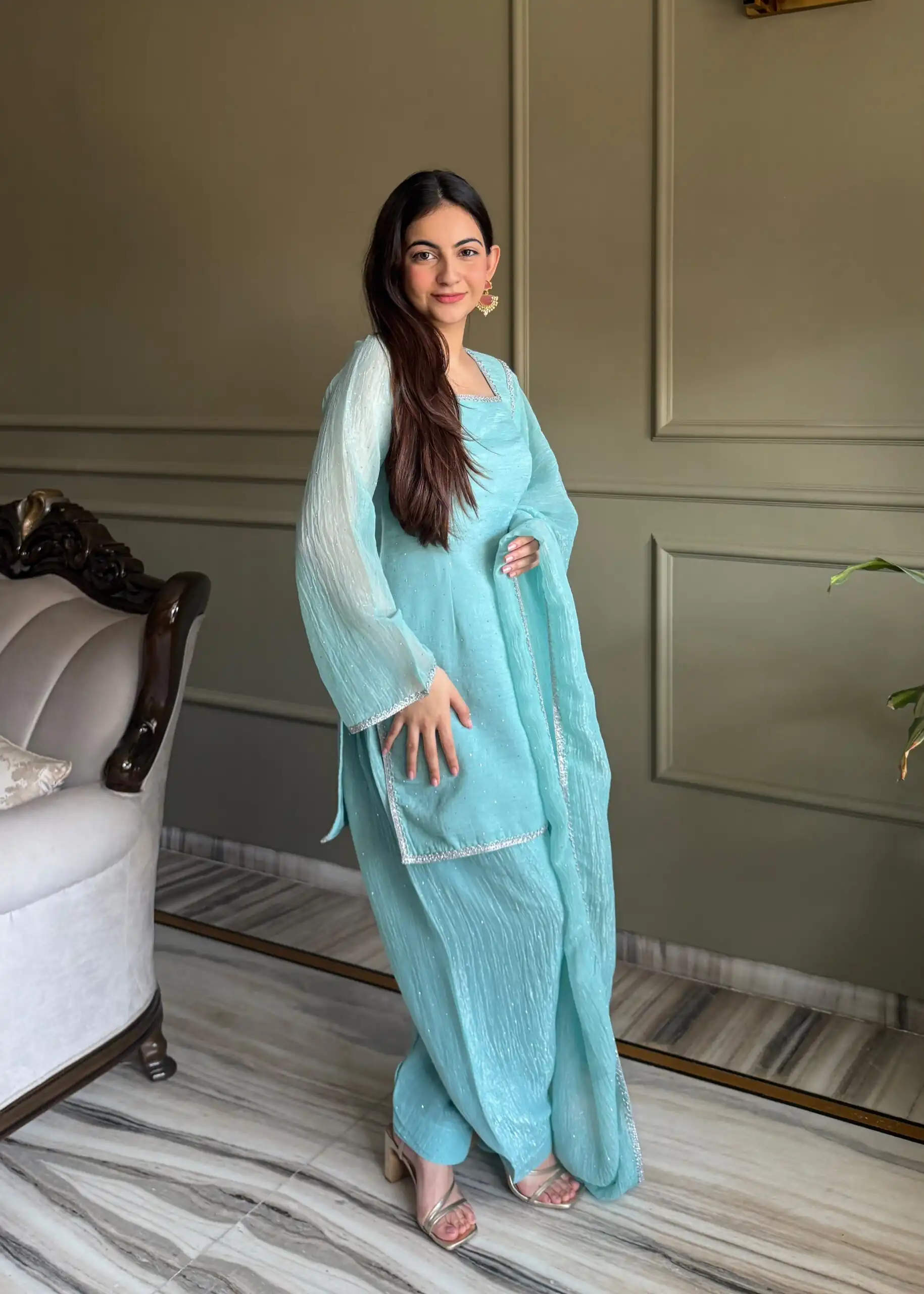 Fancy Sky Blue Crunchy Silk Siroski Work Salwar Suit