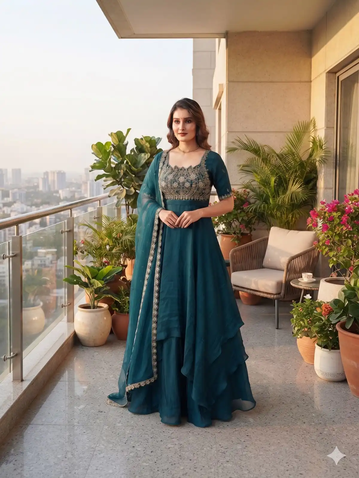 Fancy Teal Fendy Crush Beads Work Gown - Image 4
