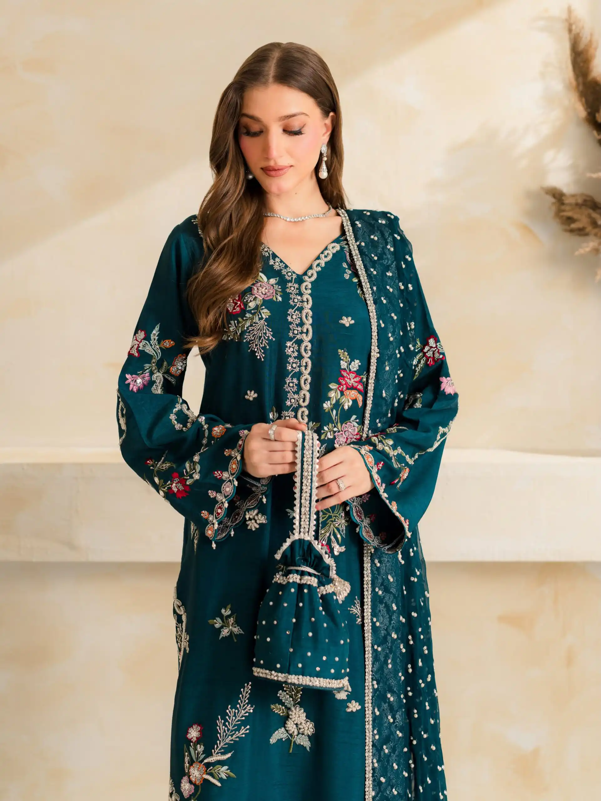 Fancy Teal Mul Chanderi Diamond Work Salwar Suit - Image 7