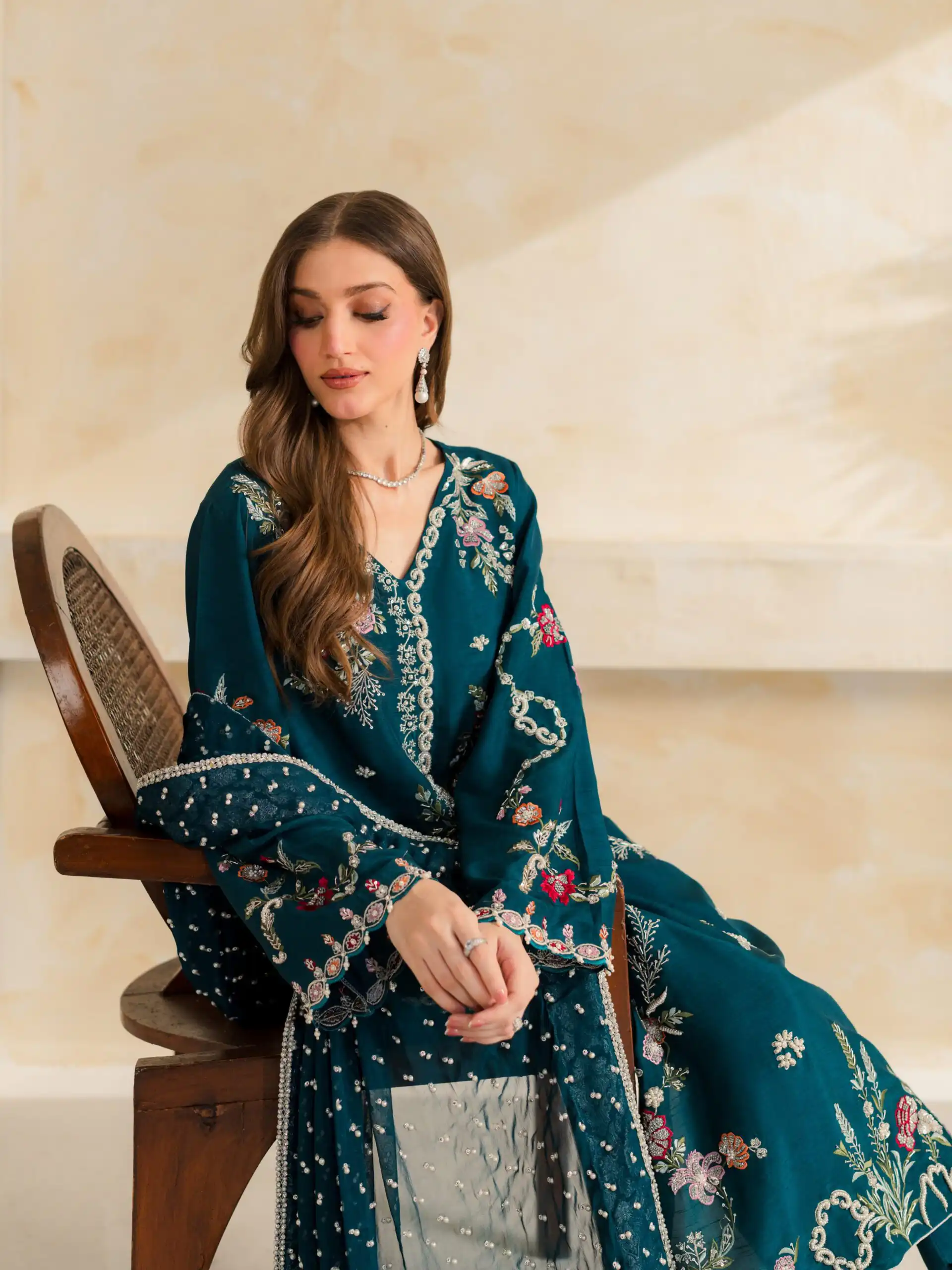 Fancy Teal Mul Chanderi Diamond Work Salwar Suit - Image 5