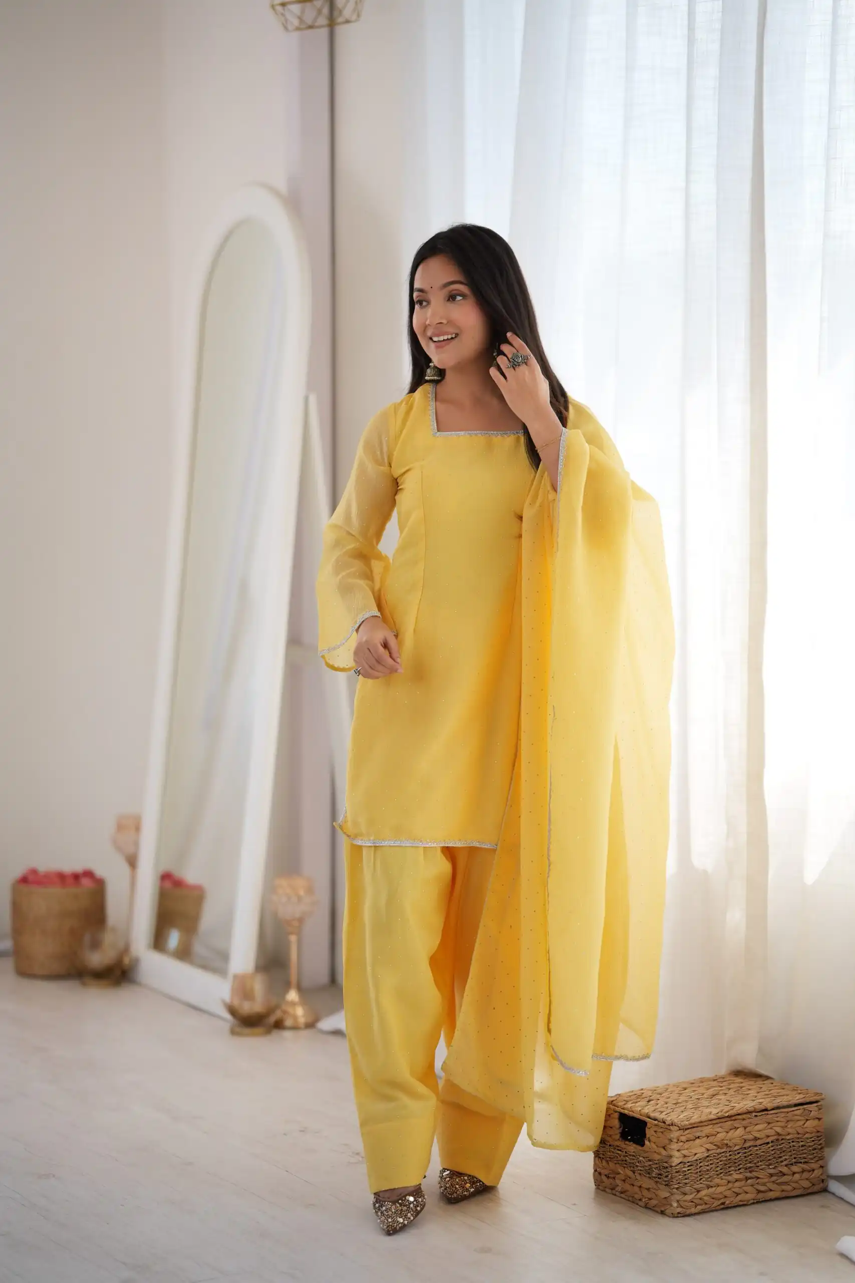 Fancy Yellow Crunchy Silk Siroski Work Salwar Suit - Image 3