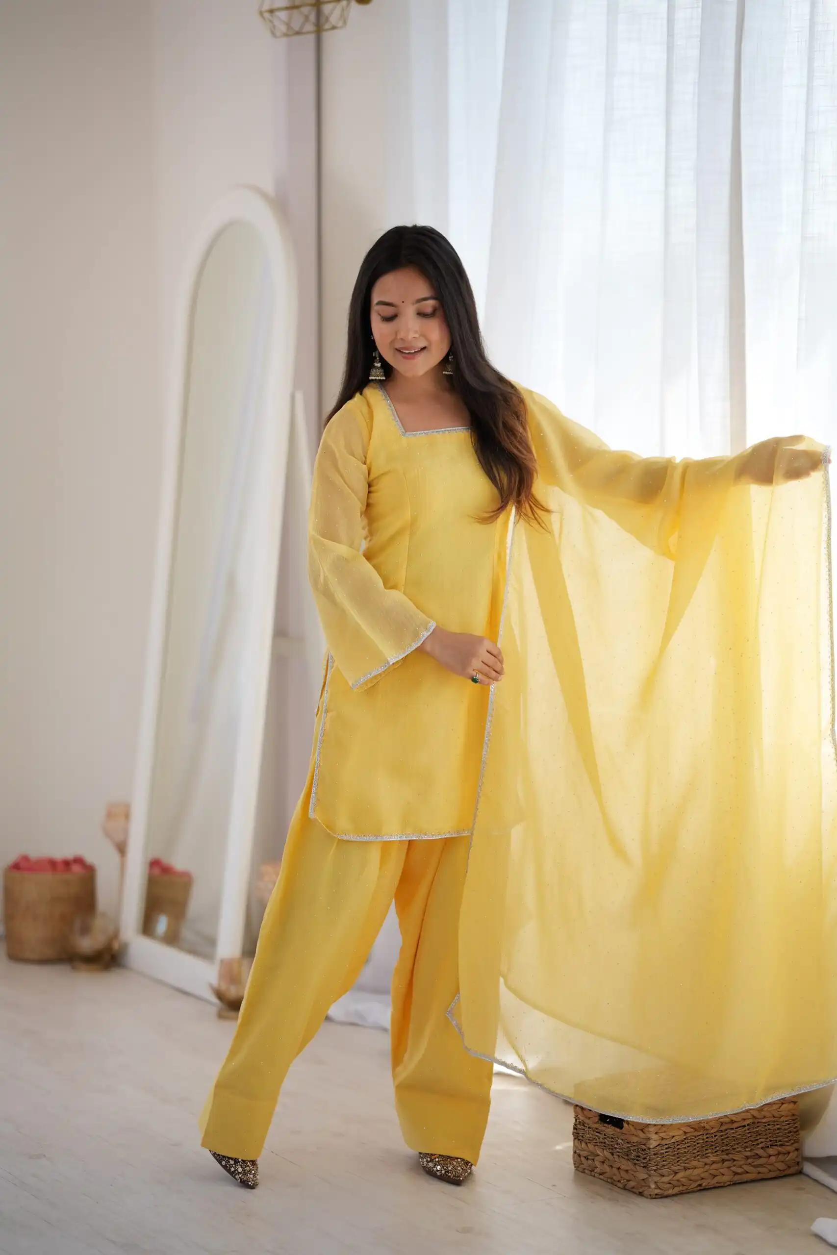 Fancy Yellow Crunchy Silk Siroski Work Salwar Suit