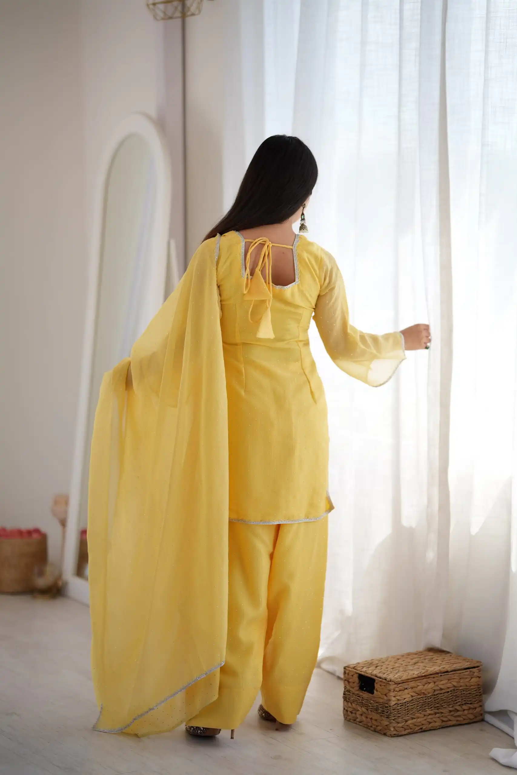 Fancy Yellow Crunchy Silk Siroski Work Salwar Suit - Image 8