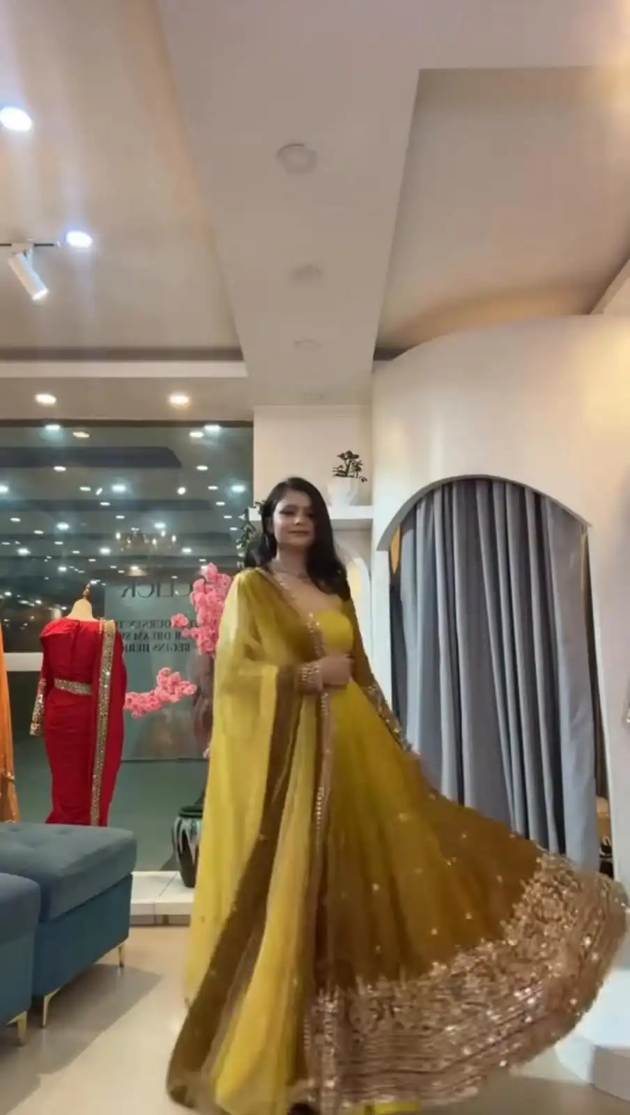 Fancy Yellow Faux Georgette Embroider Work Gown - Image 3
