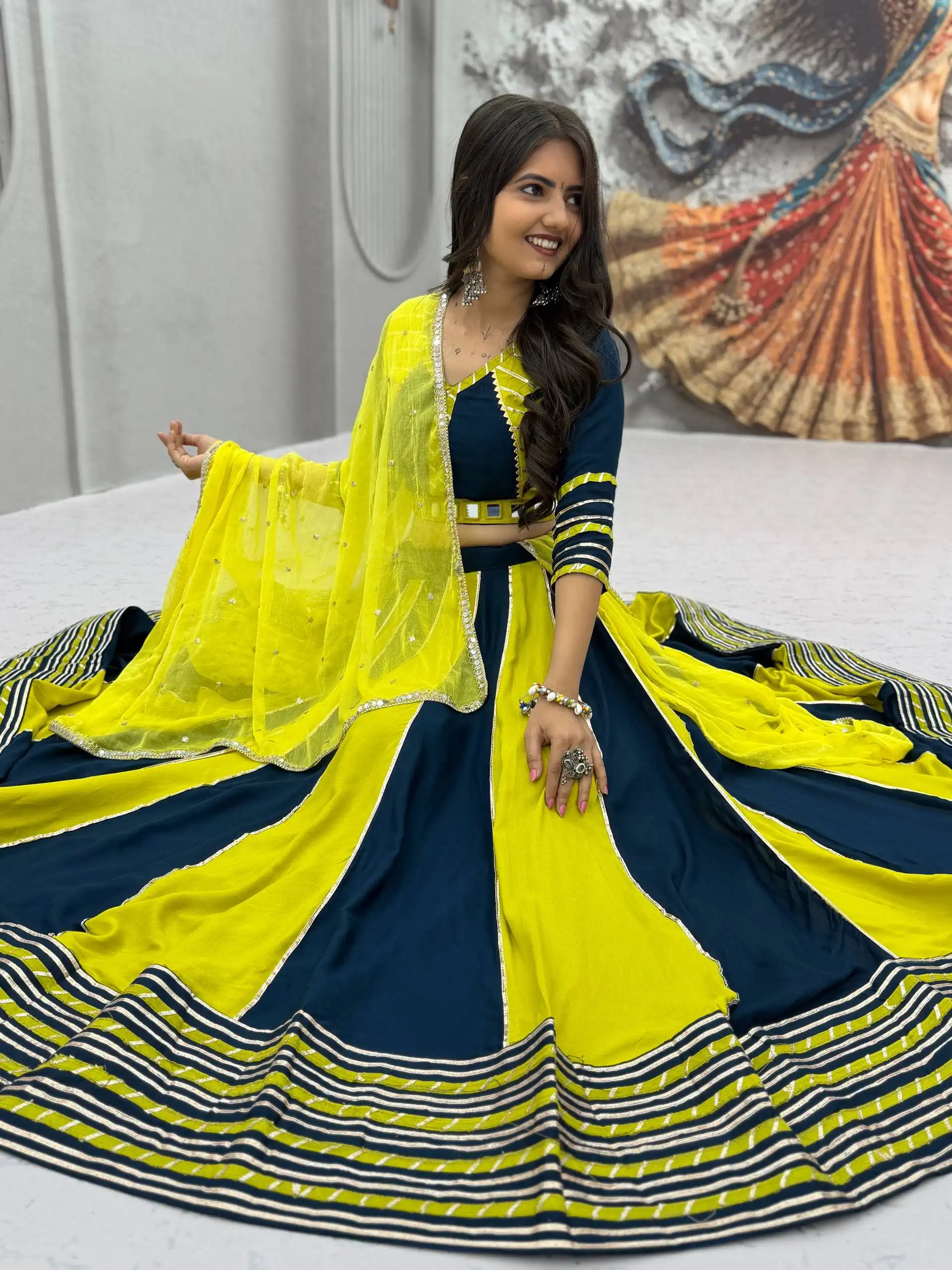 Fancy Yellow Pure Cotton Hand Work Lehenga Choli - Image 3