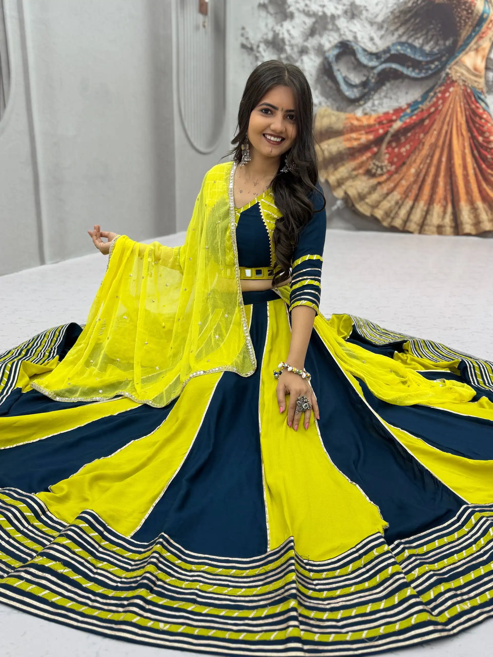 Fancy Yellow Pure Cotton Hand Work Lehenga Choli - Image 2