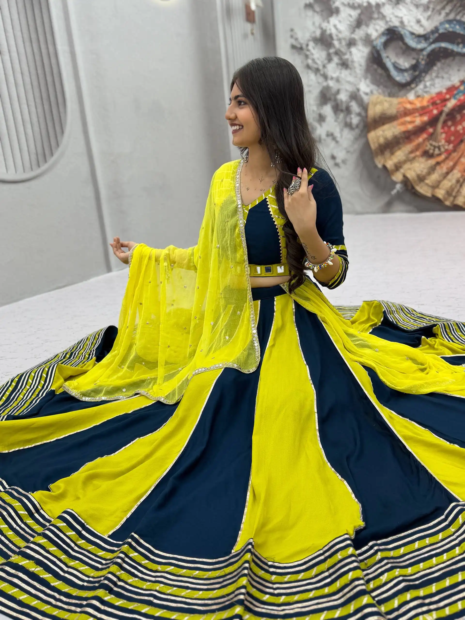 Fancy Yellow Pure Cotton Hand Work Lehenga Choli