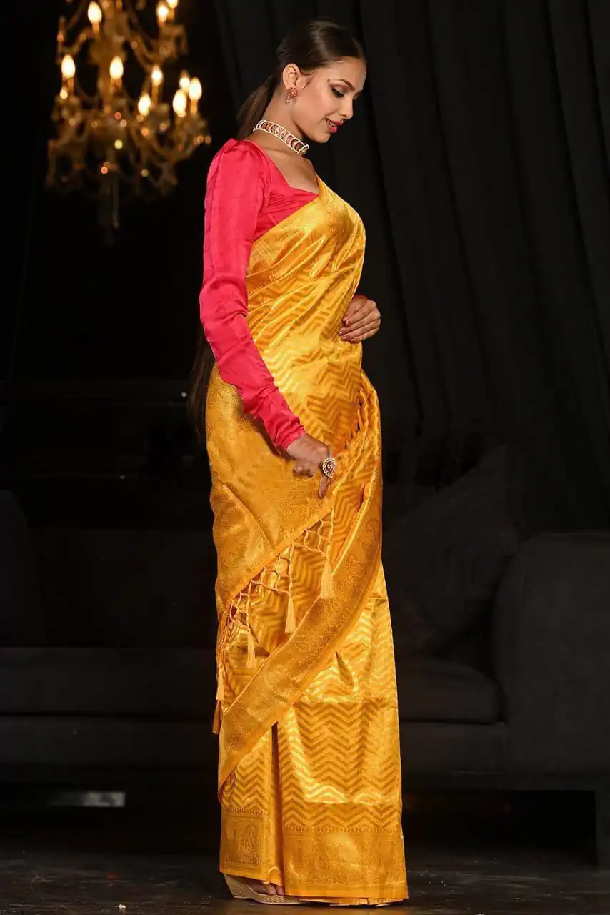 Fancy Yellow Soft Lichi Silk With Jacquard Saree - Image 7