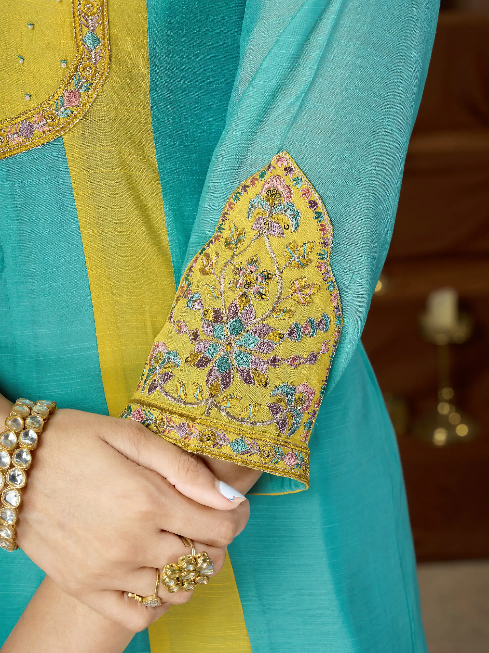 Glowing Blue Mal Chanderi Hand Work Salwar Suit - Image 4