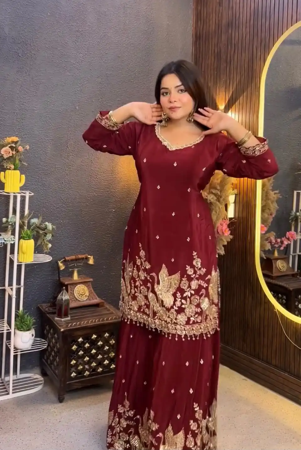 Glowing Maroon Chinon Embroidery Work Salwar Suit - Image 2
