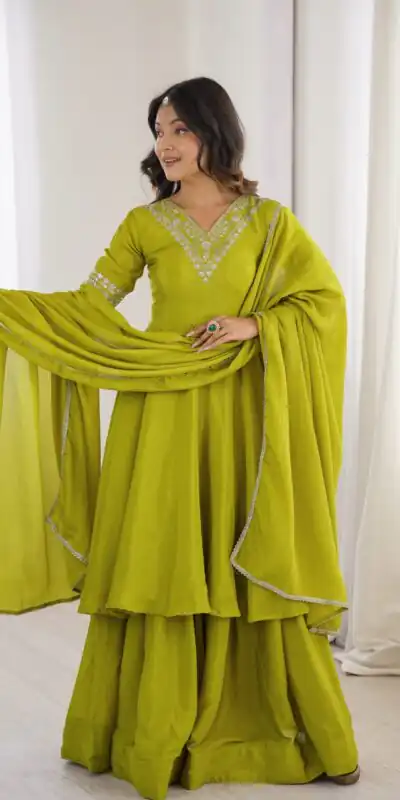 Alternative view of Glowing Mehendi Chinon Silk Sequin Work Salwar Suit