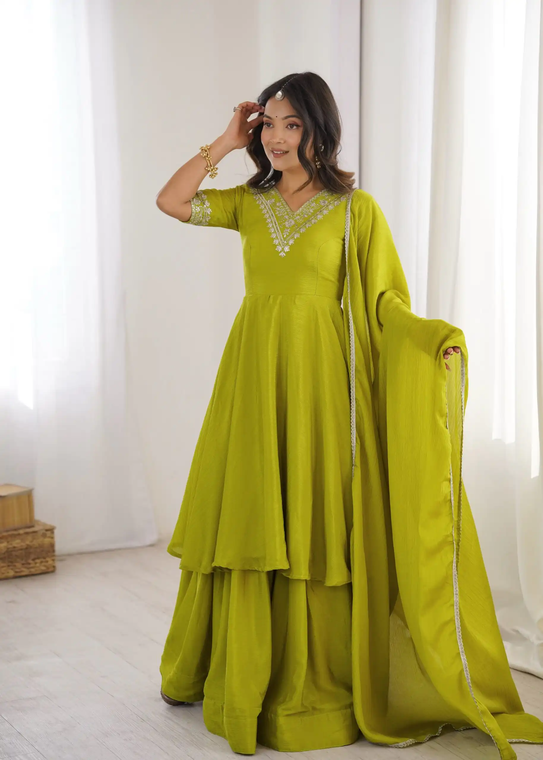 Glowing Mehendi Chinon Silk Sequin Work Salwar Suit