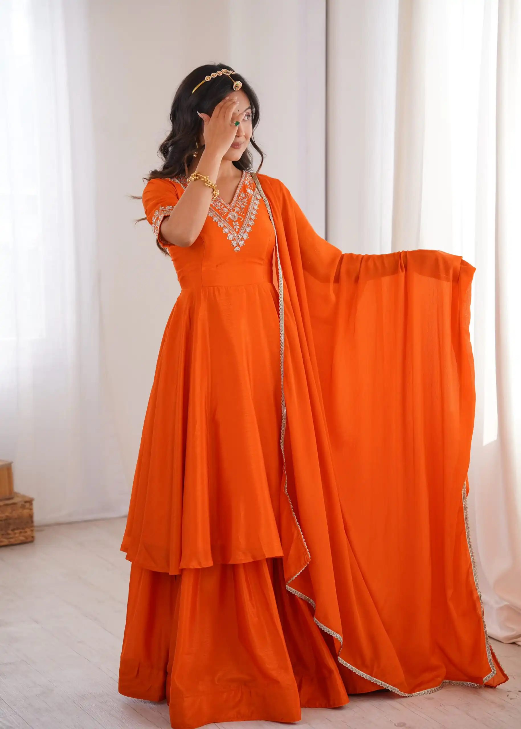Glowing Orange Chinon Silk Sequin Work Salwar Suit - Image 4