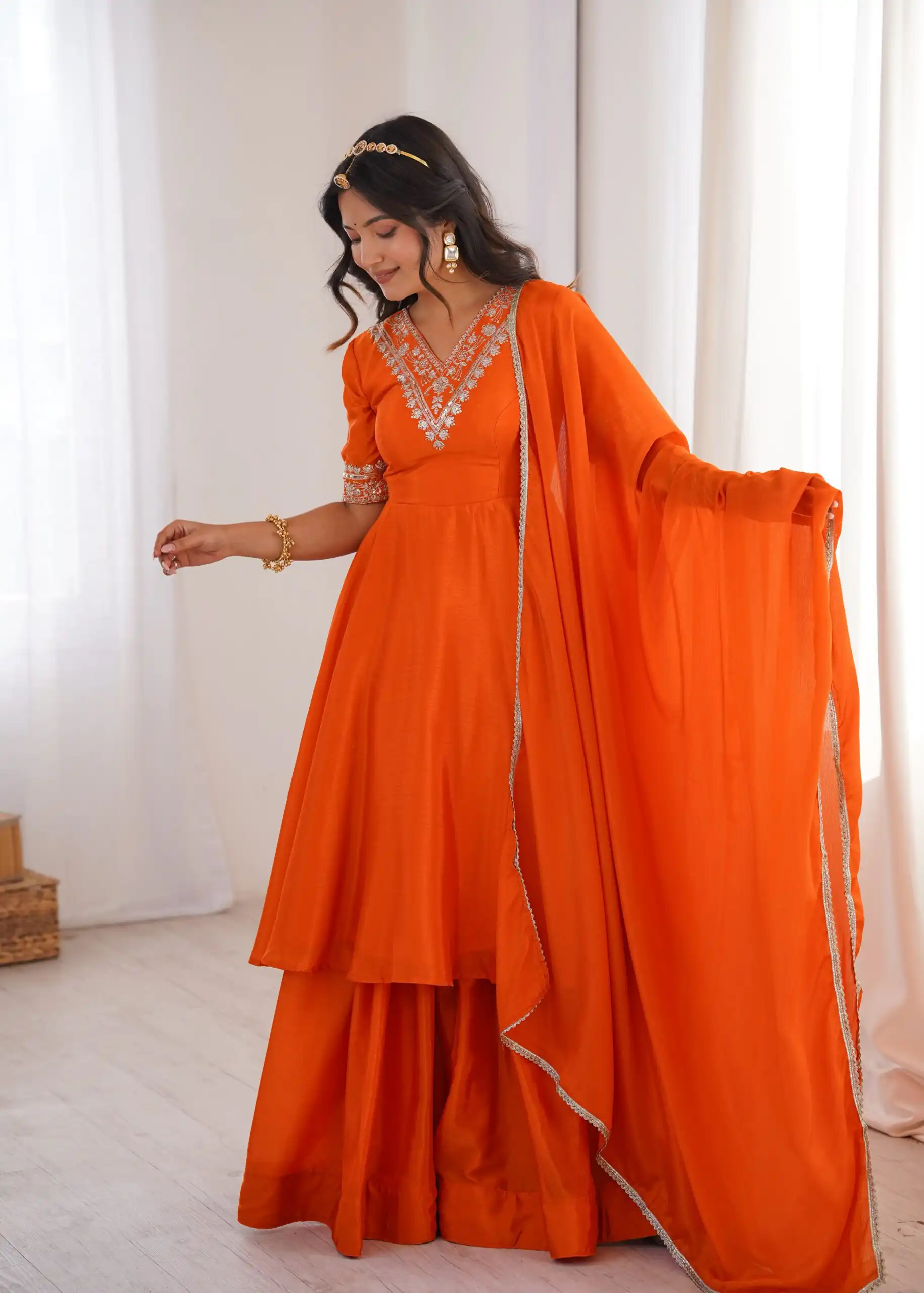 Glowing Orange Chinon Silk Sequin Work Salwar Suit - Image 3