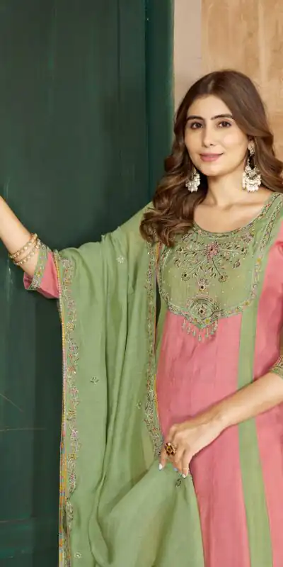 Alternative view of Glowing Peach Mal Chanderi Hand Work Salwar Suit