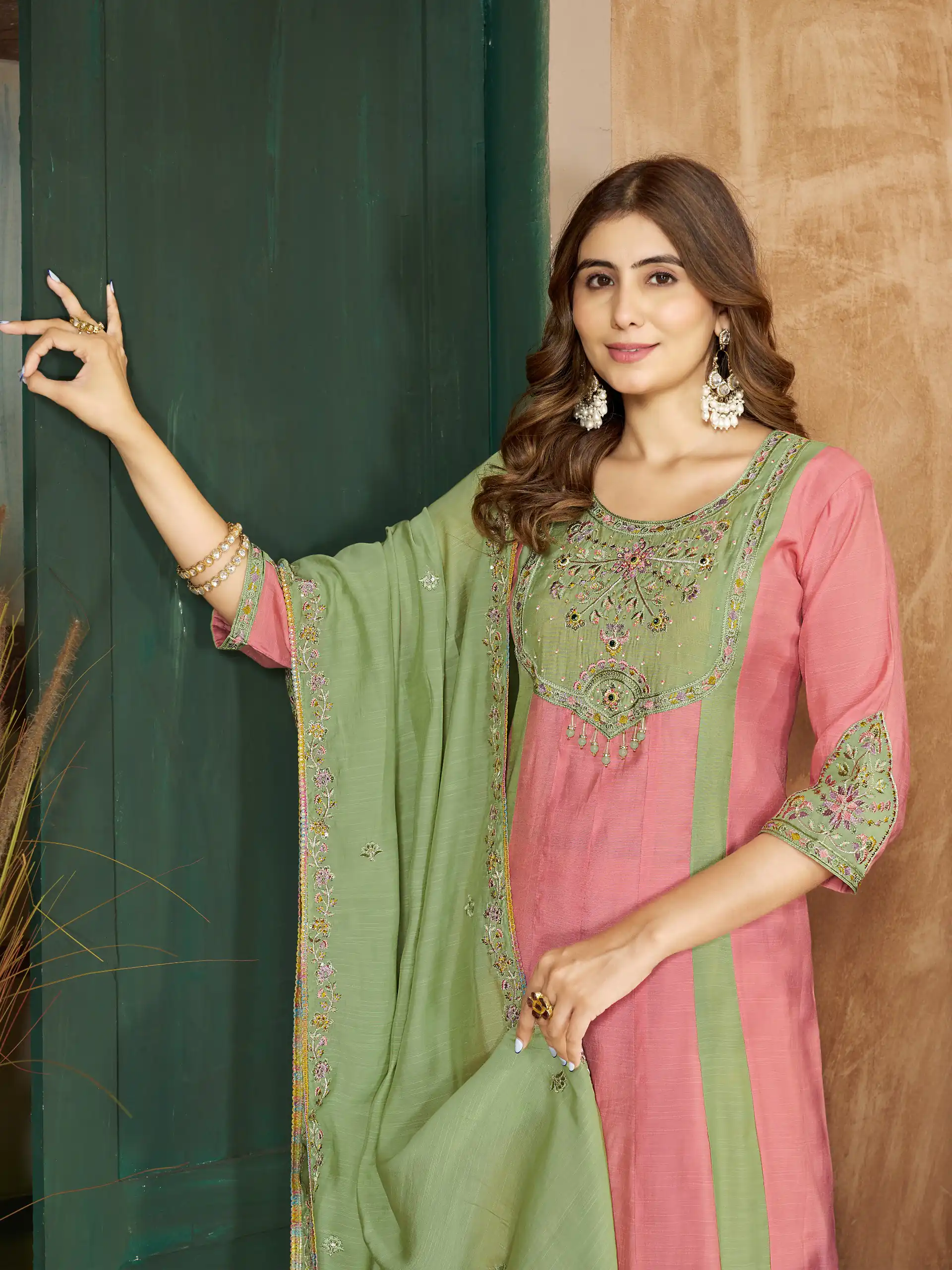 Glowing Peach Mal Chanderi Hand Work Salwar Suit - Image 2