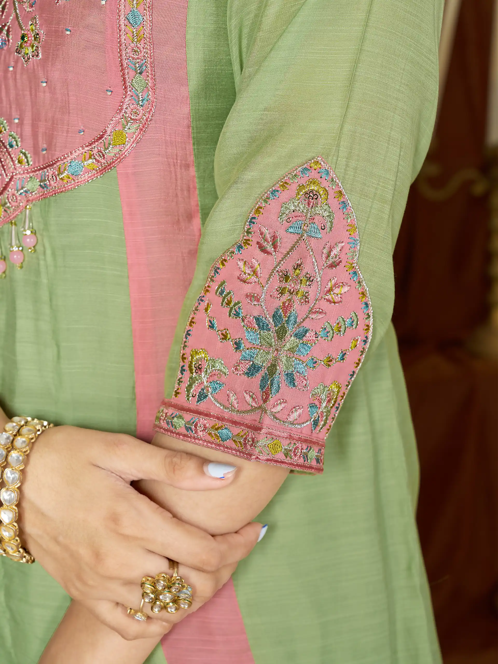 Glowing Pista Mal Chanderi Hand Work Salwar Suit - Image 4