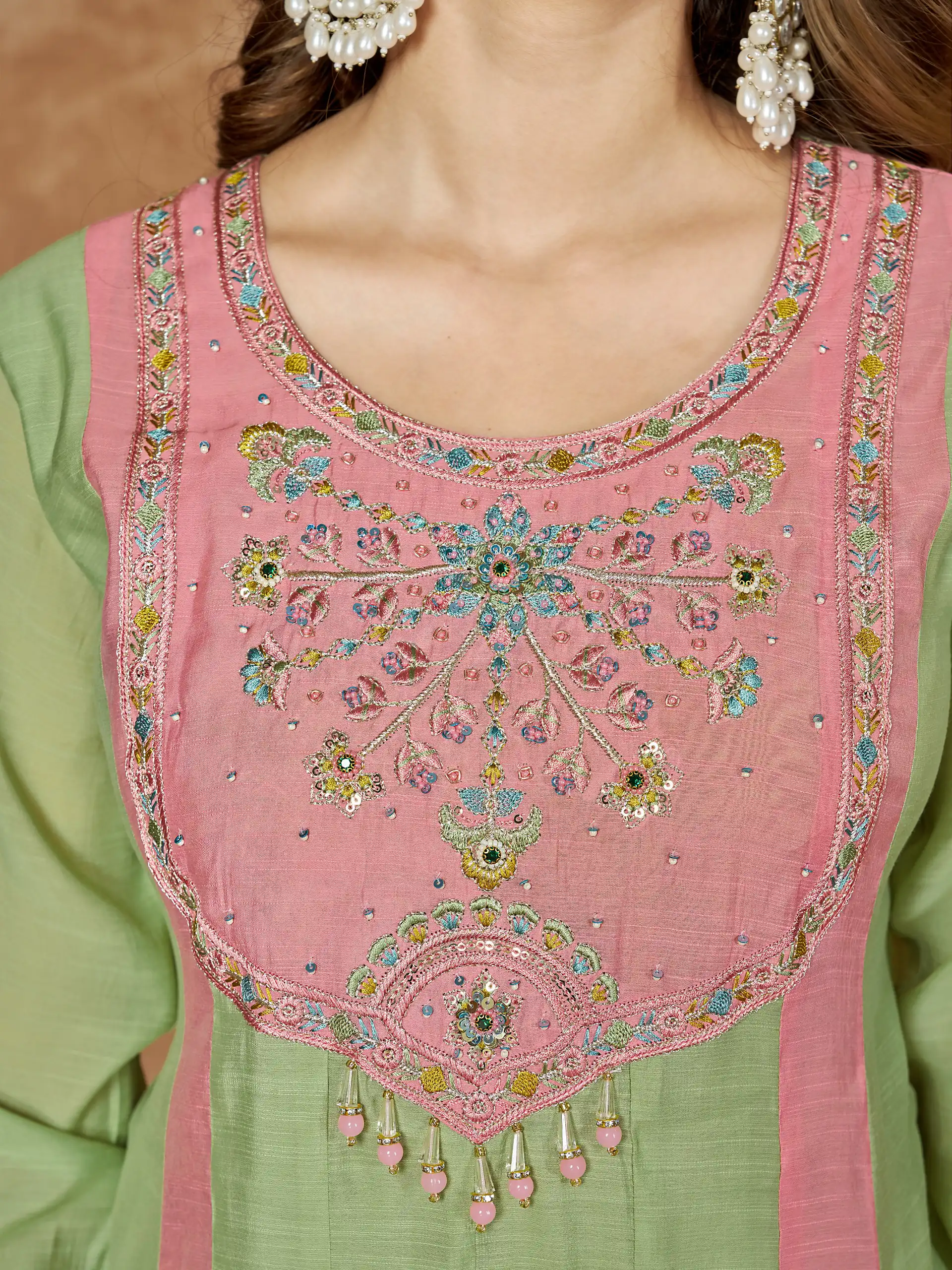 Glowing Pista Mal Chanderi Hand Work Salwar Suit - Image 3