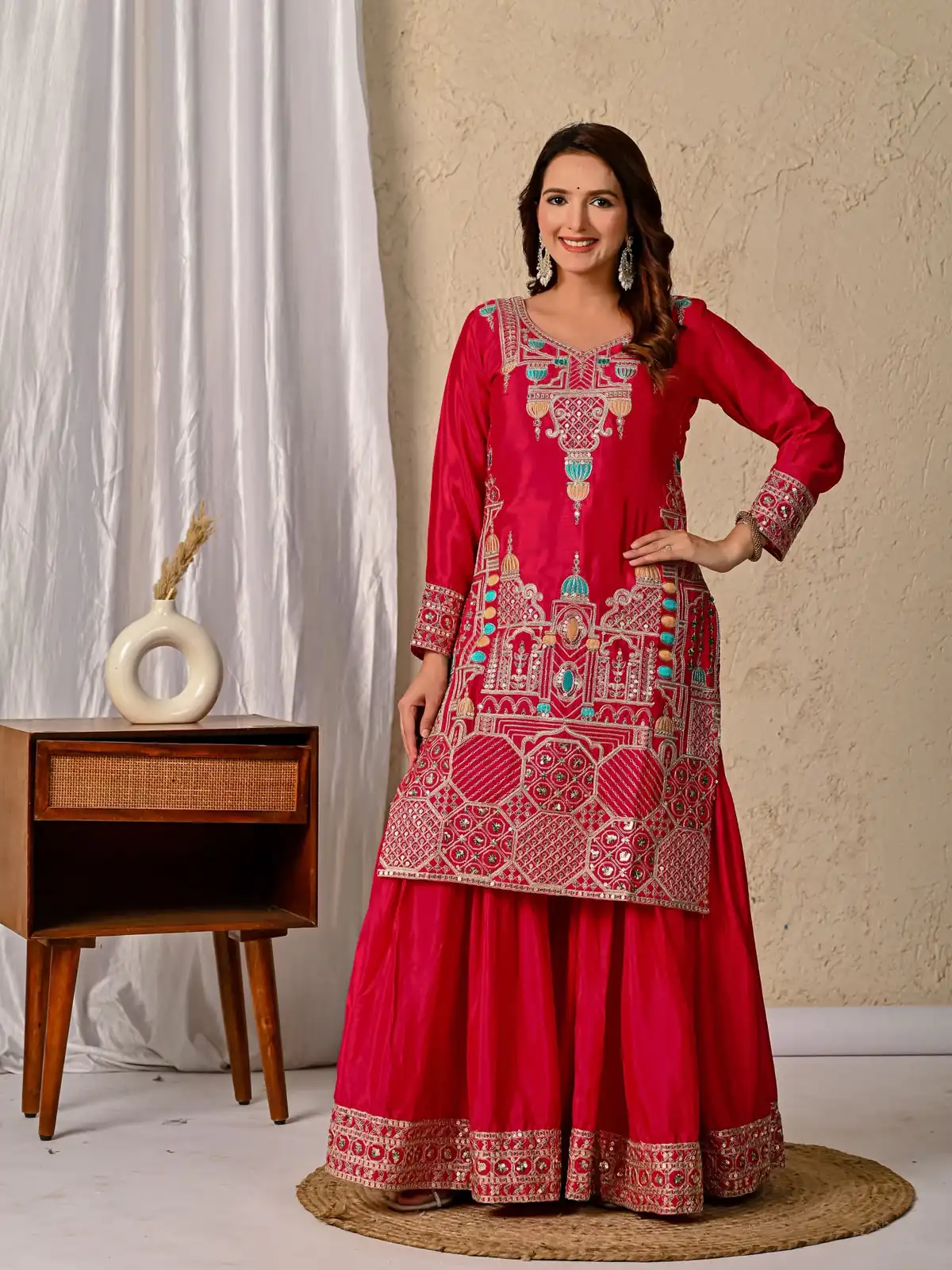 Glowing Red Chinon Silk Sequence Work Salwar Suit - Image 5