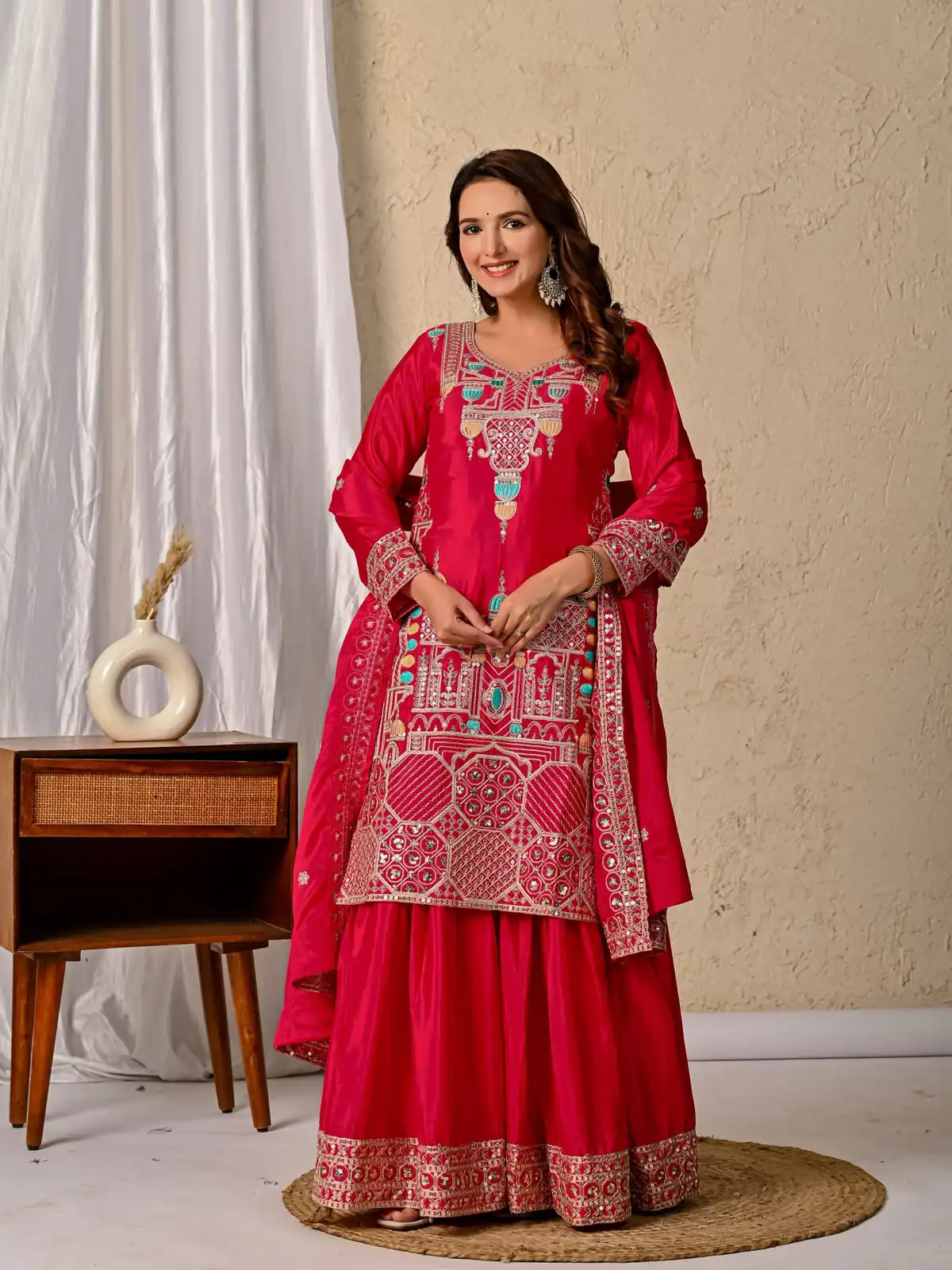 Glowing Red Chinon Silk Sequence Work Salwar Suit - Image 4