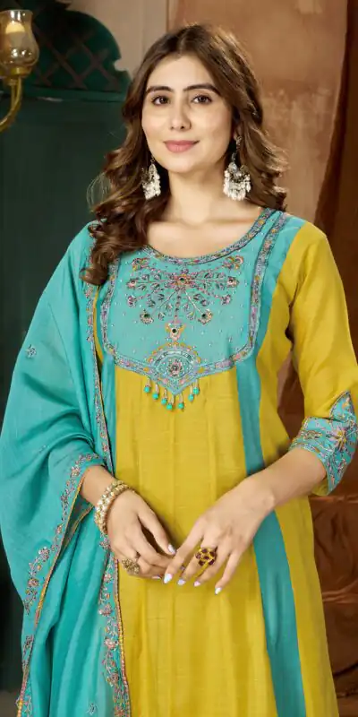 Alternative view of Glowing Yellow Mal Chanderi Hand Work Salwar Suit