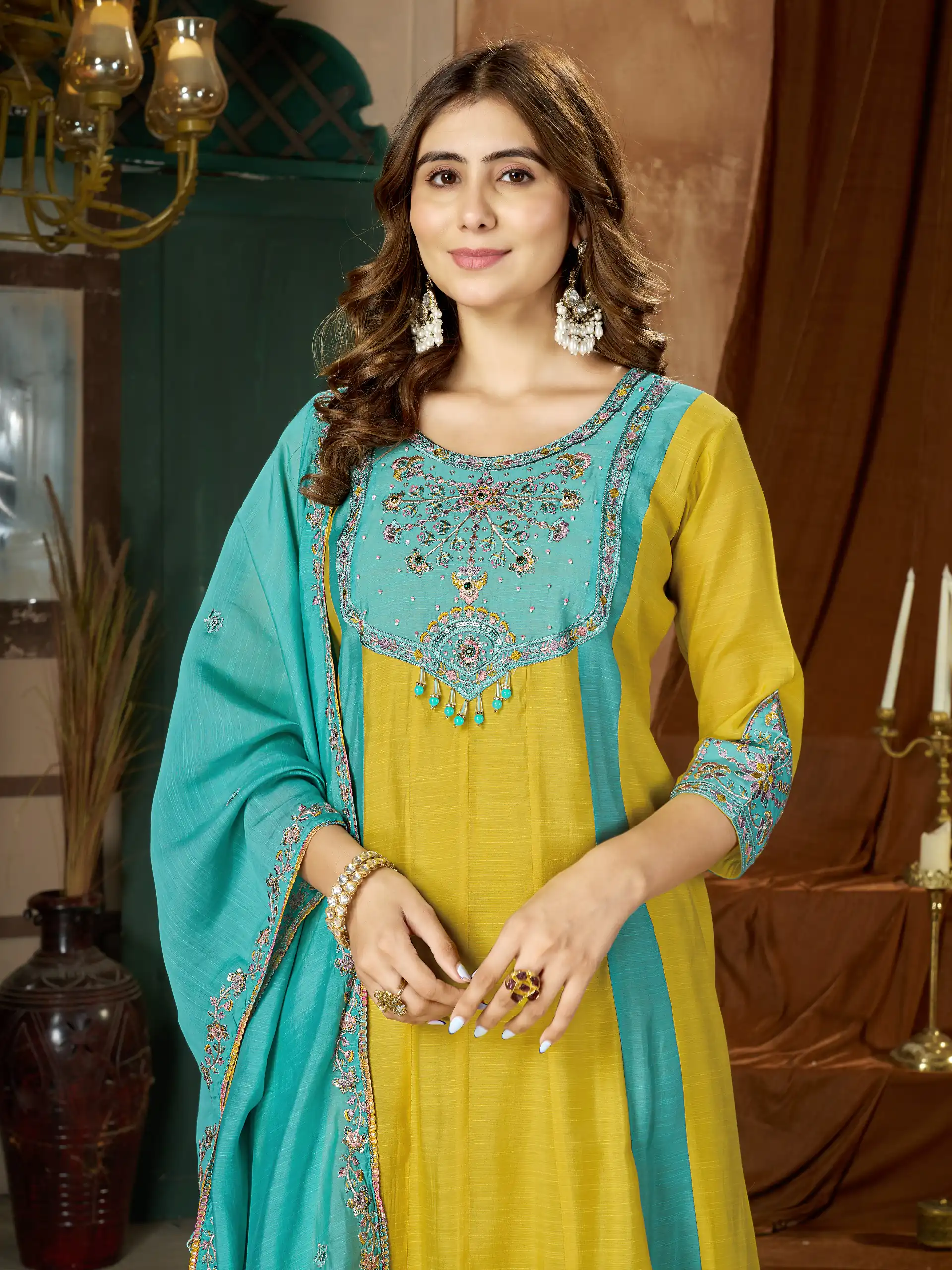 Glowing Yellow Mal Chanderi Hand Work Salwar Suit - Image 2