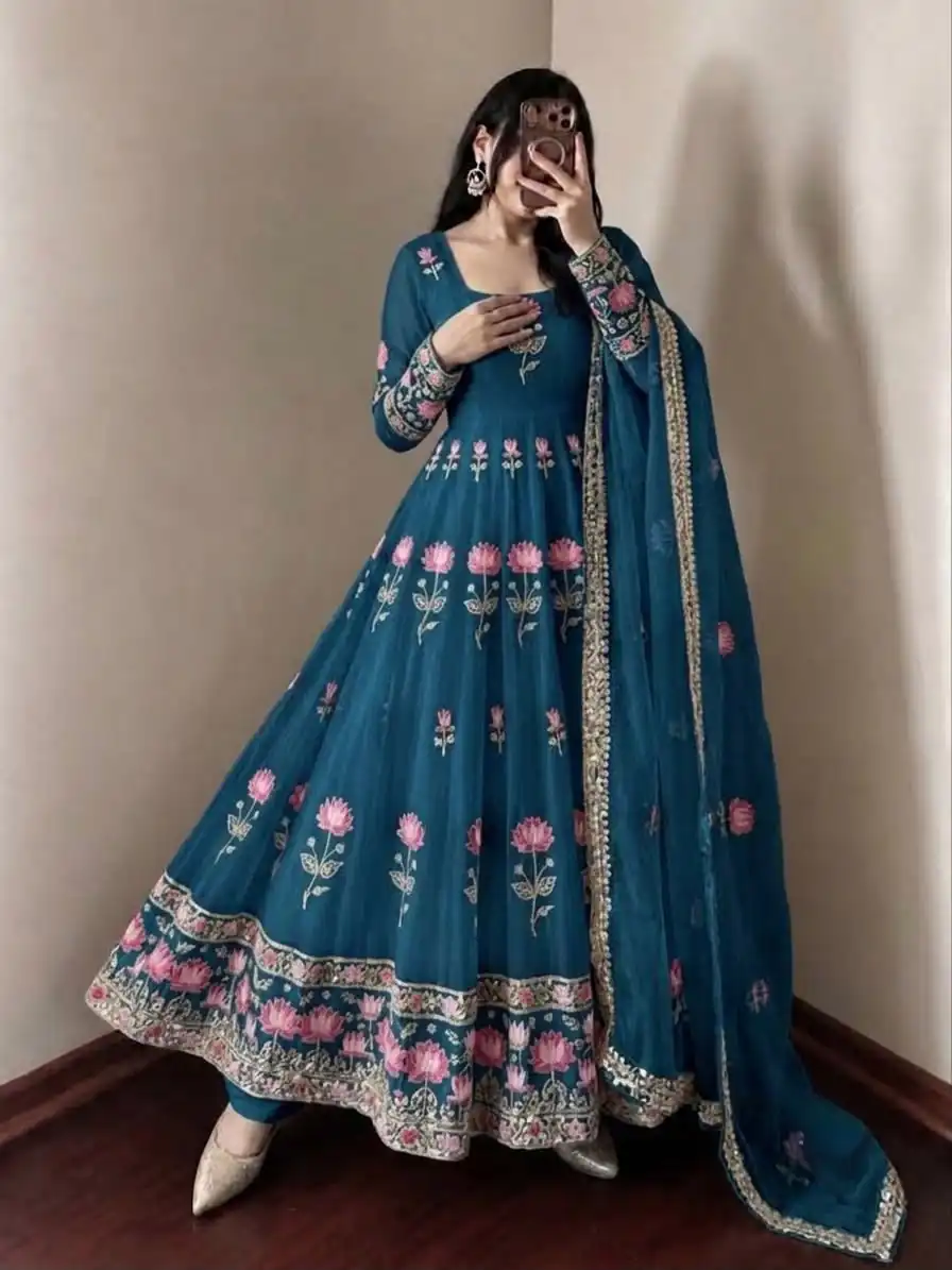 Gorgeous Blue Faux Georgette Embroider Work Gown - Image 4