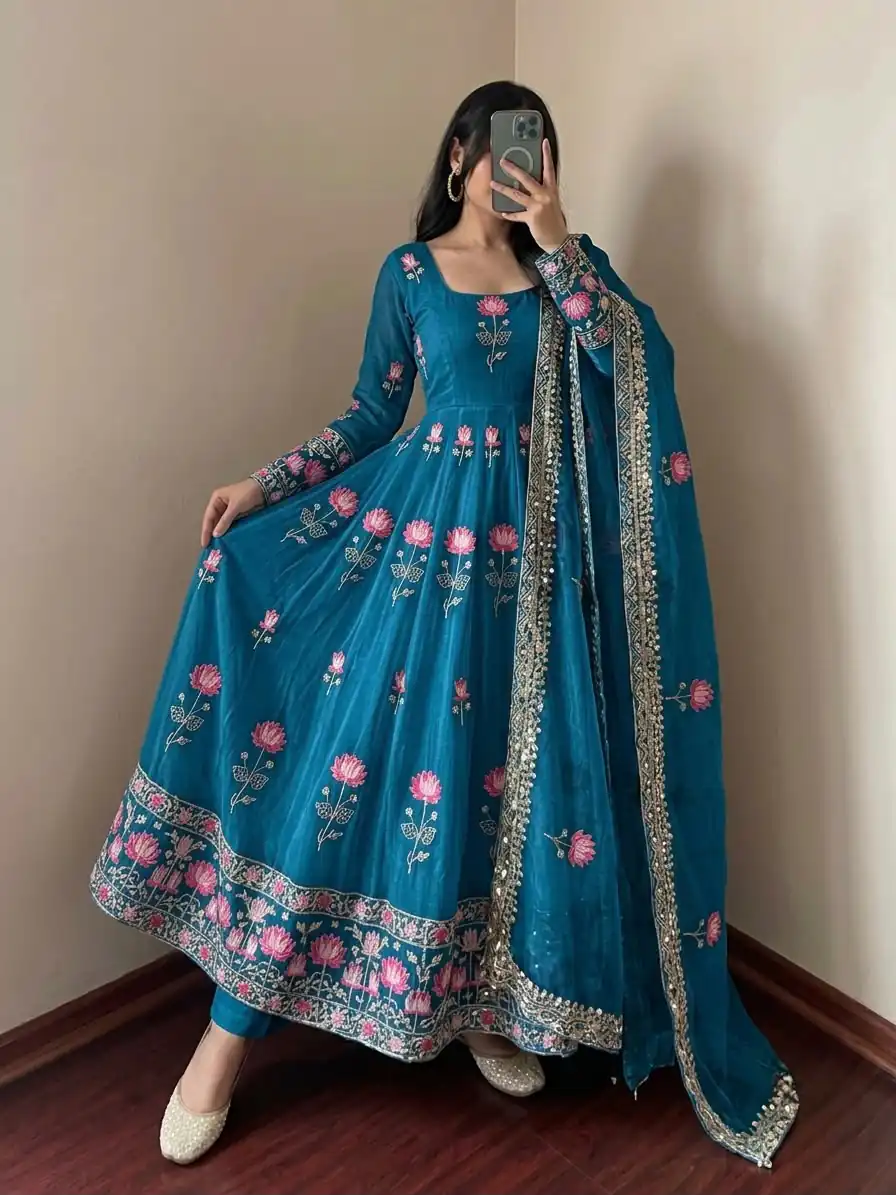 Gorgeous Blue Faux Georgette Embroider Work Gown - Image 3