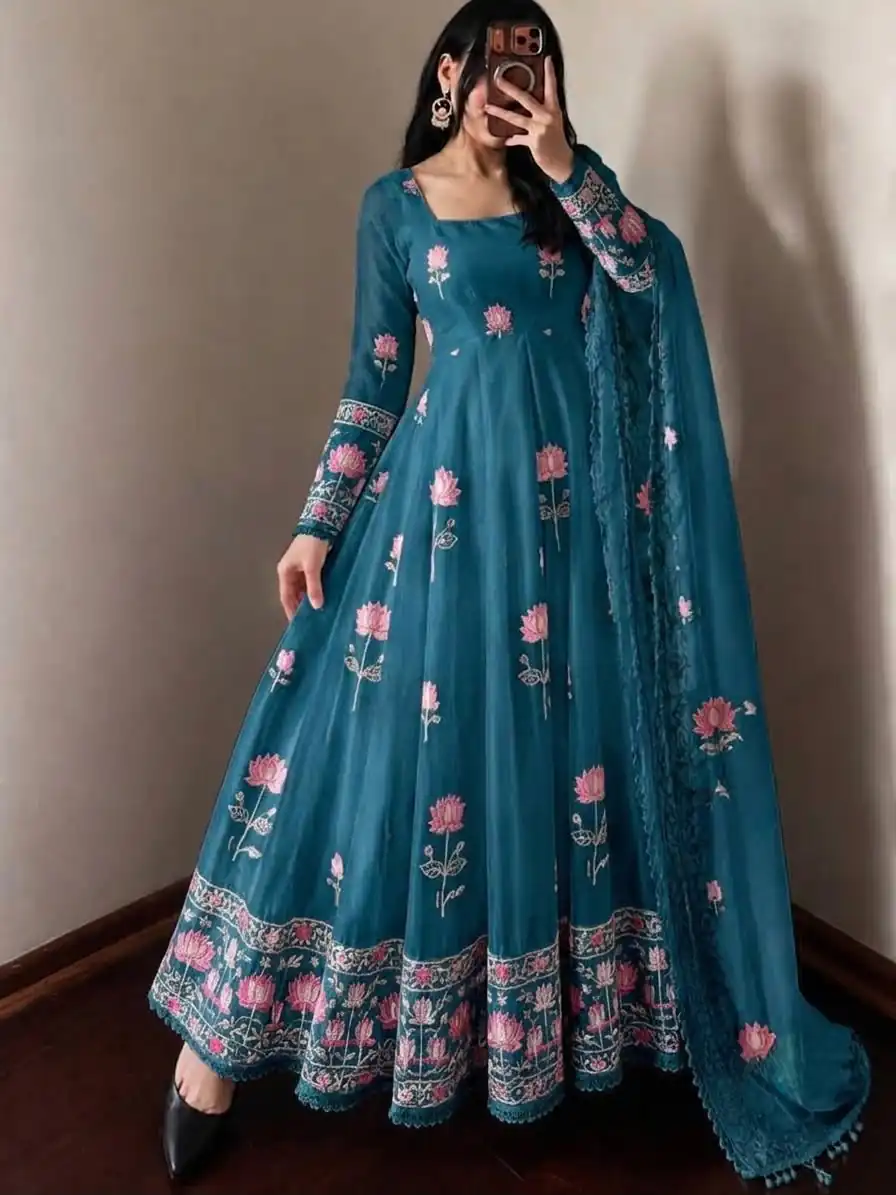Gorgeous Blue Faux Georgette Embroider Work Gown - Image 2