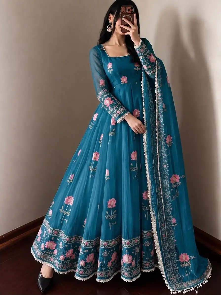 Gorgeous Blue Faux Georgette Embroider Work Gown