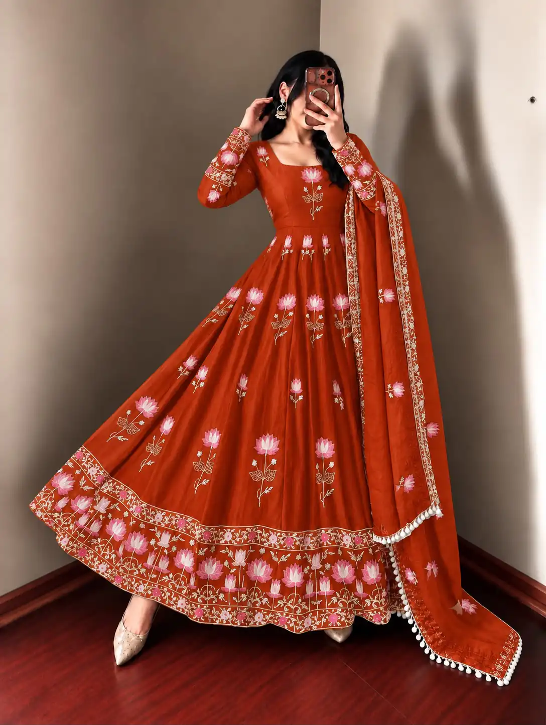 Gorgeous Rust Faux Georgette Embroider Work Gown - Image 3