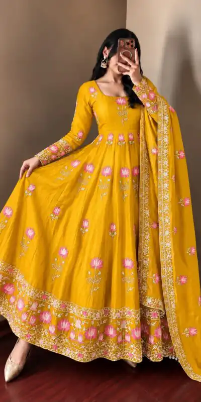Alternative view of Gorgeous Yellow Faux Georgette Embroider Work Gown